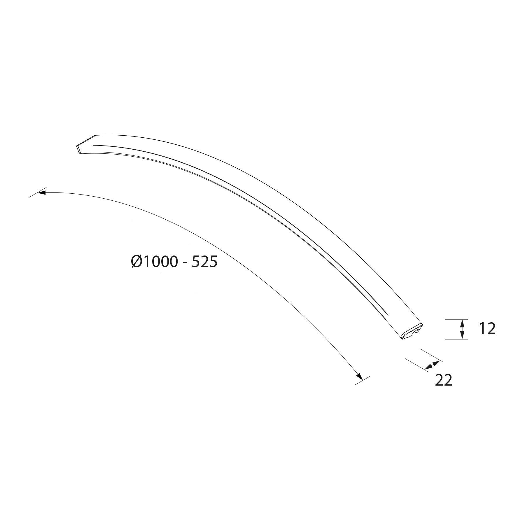 Gebogenes Metallband mit Abmessungen: Längenbereich 'Ø1000 - 525', Höhe '12', Breite '22'.