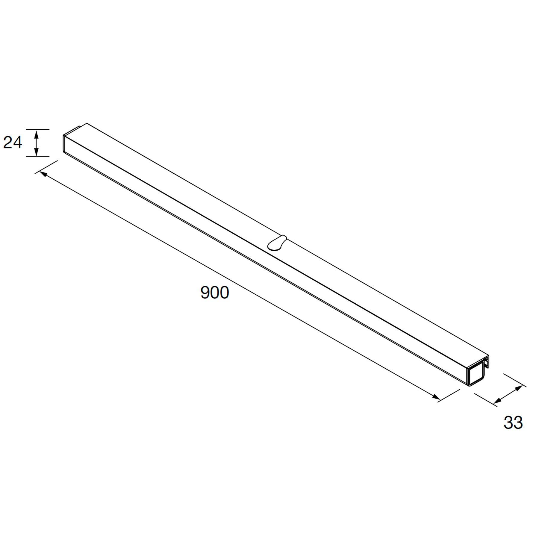 Ein lineares Objekt mit beschrifteten Abmessungen: 24 mm Höhe, 33 mm Breite und 900 mm Länge.