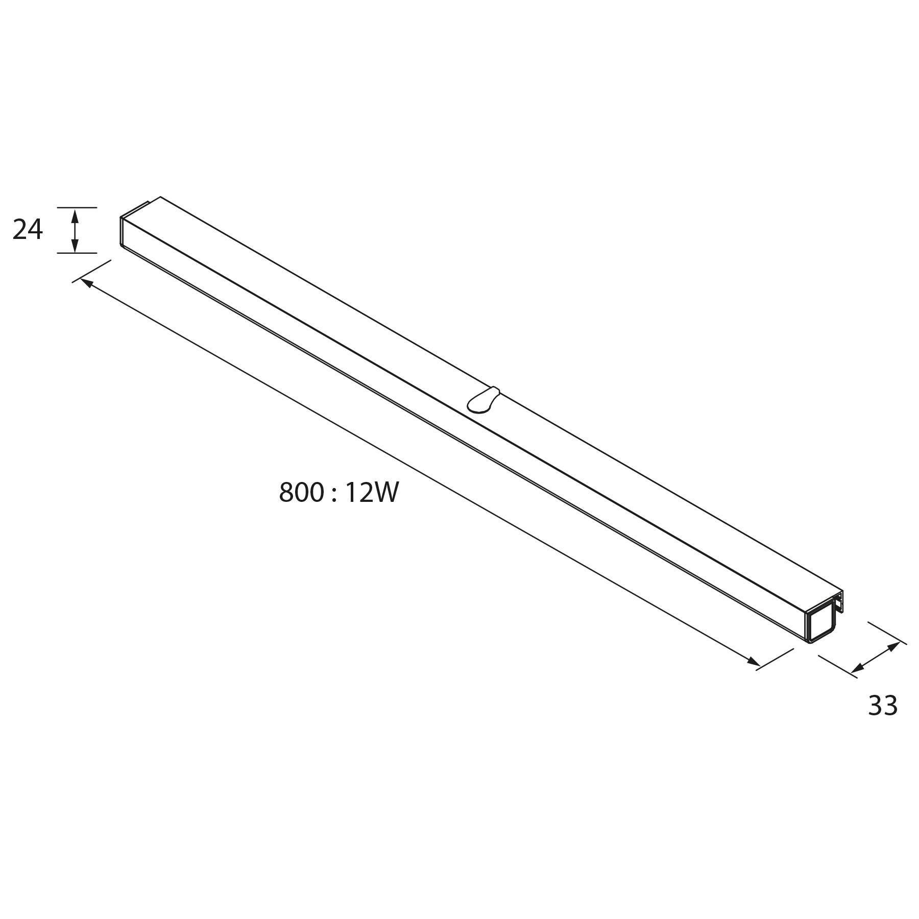 Technische Linienskizze einer rechteckigen LED-Streifenleuchte, aus einer schrägen Perspektive dargestellt, mit beschrifteten Abmessungen von 800 mm x 33 mm x 24 mm und einer Leistung von 12W.