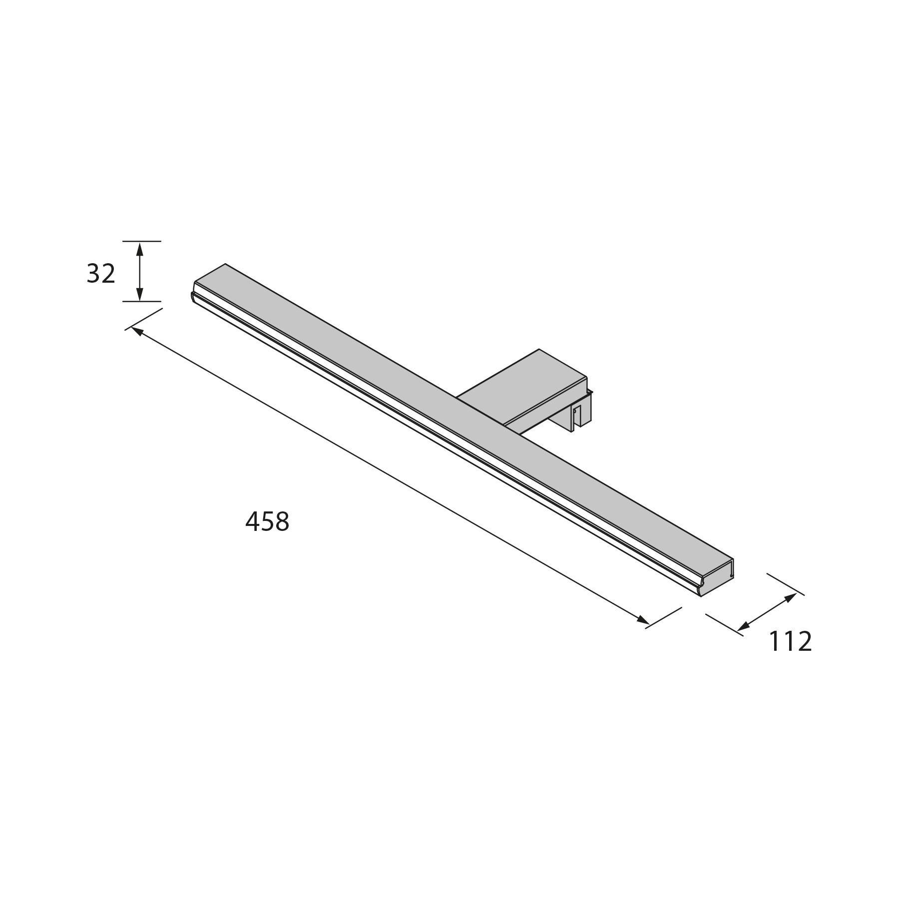Diagramm einer wandmontierten Leuchte mit Maßen: 458 mm Länge, 32 mm Höhe und 112 mm Tiefe.