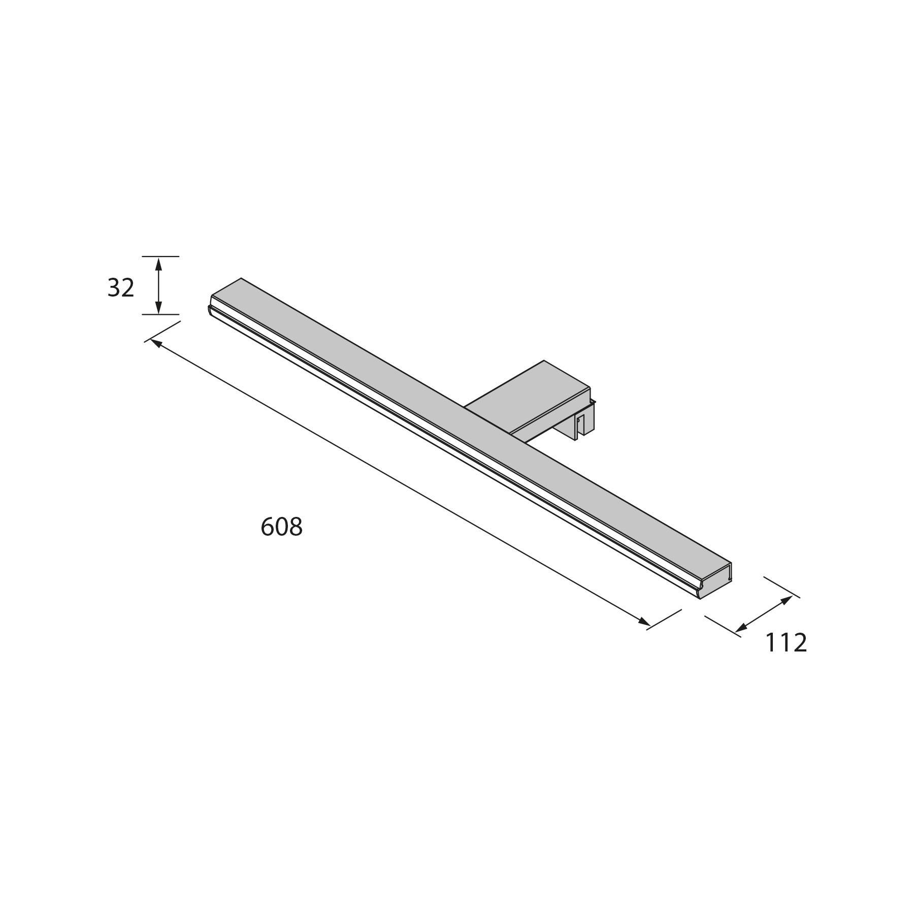 Diagramm einer linearen Stromschieneleuchte mit Abmessungen: 608 mm Länge, 32 mm Höhe und 112 mm Breite.