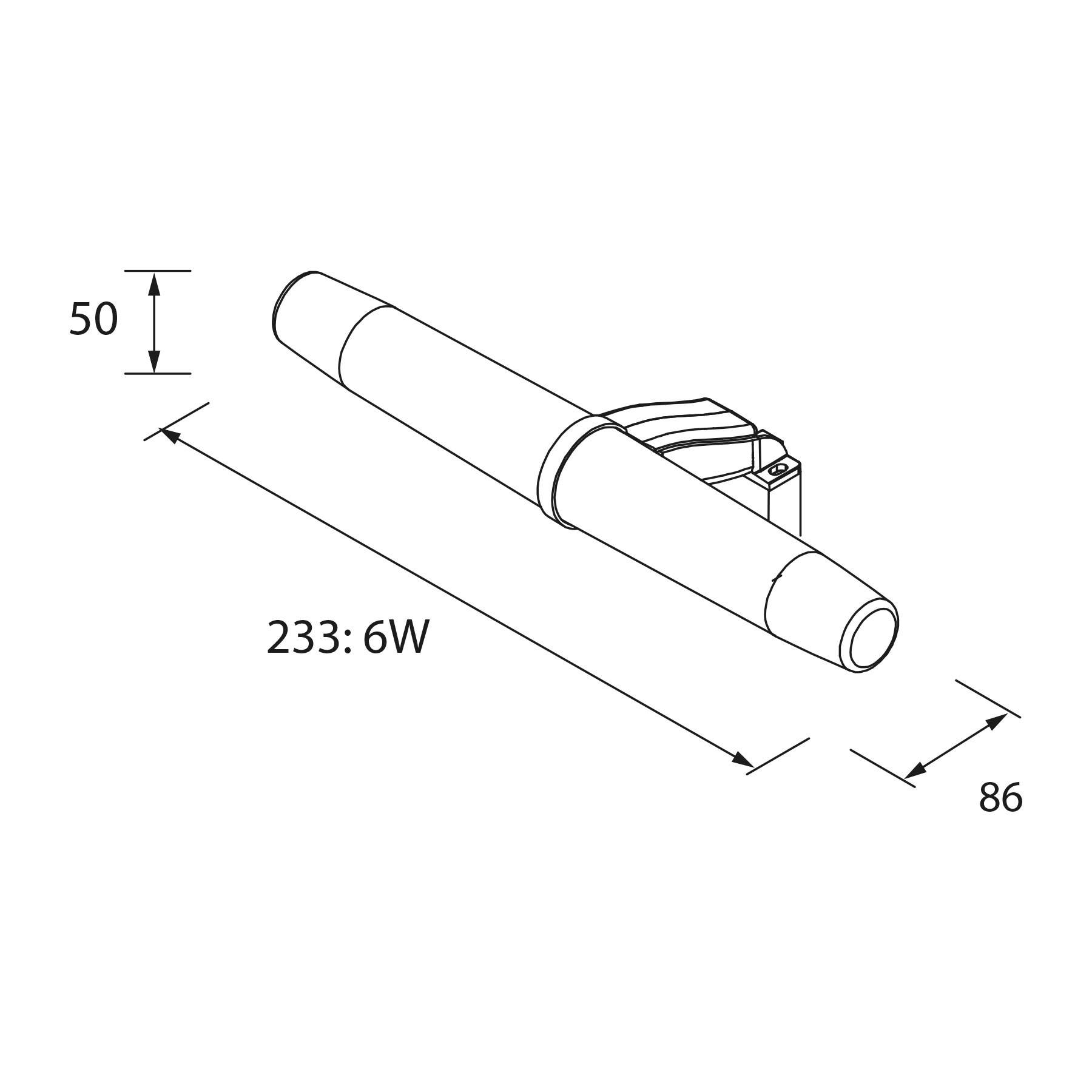 Diagramm einer zylindrischen Leuchte mit Abmessungen: 233 mm Länge, 50 mm Höhe und 86 mm Tiefe. Beschriftung lautet '6W'.