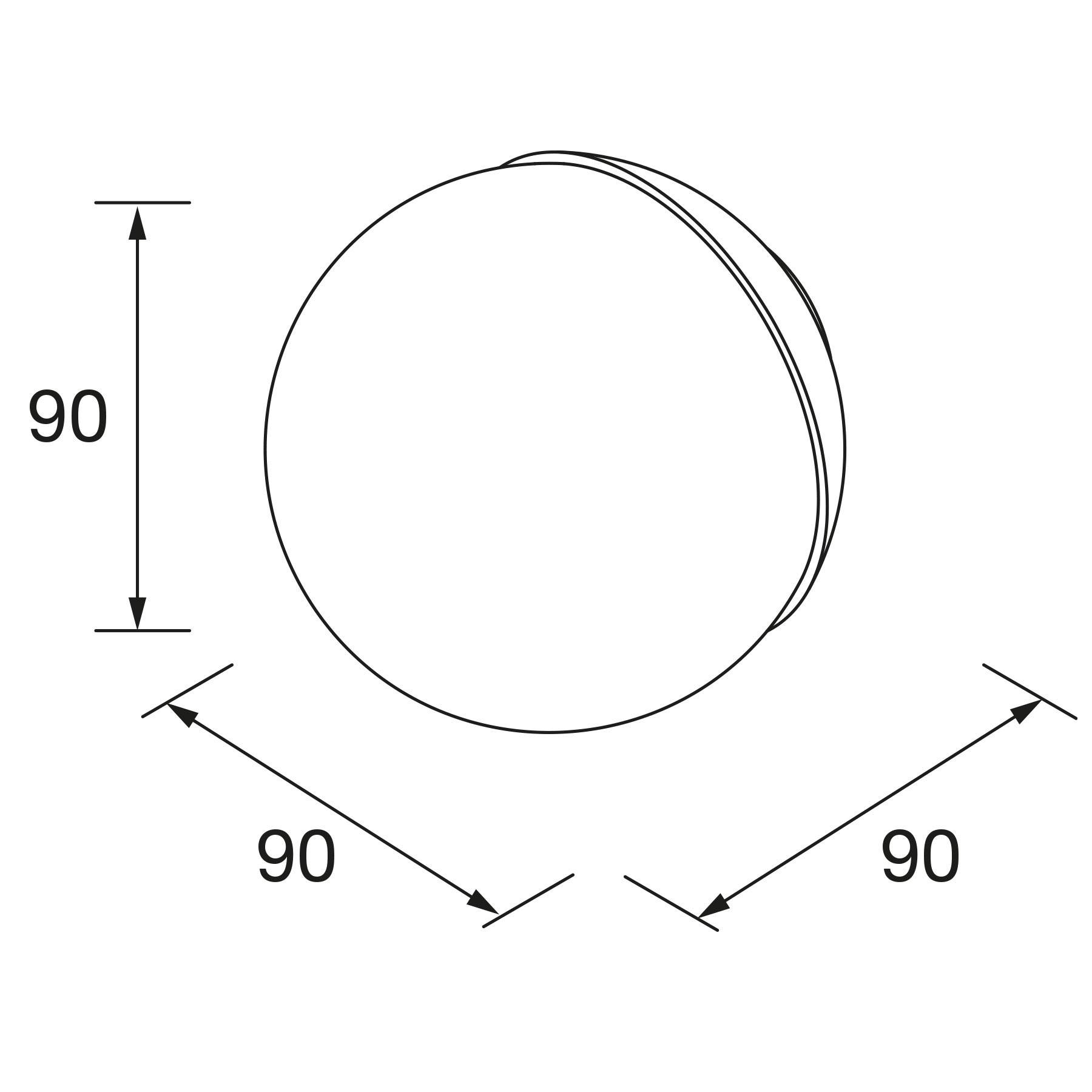 Diagramm eines kreisförmigen Objekts mit der Beschriftung '90', versehen mit drei gleich langen Durchmessermessungen.
