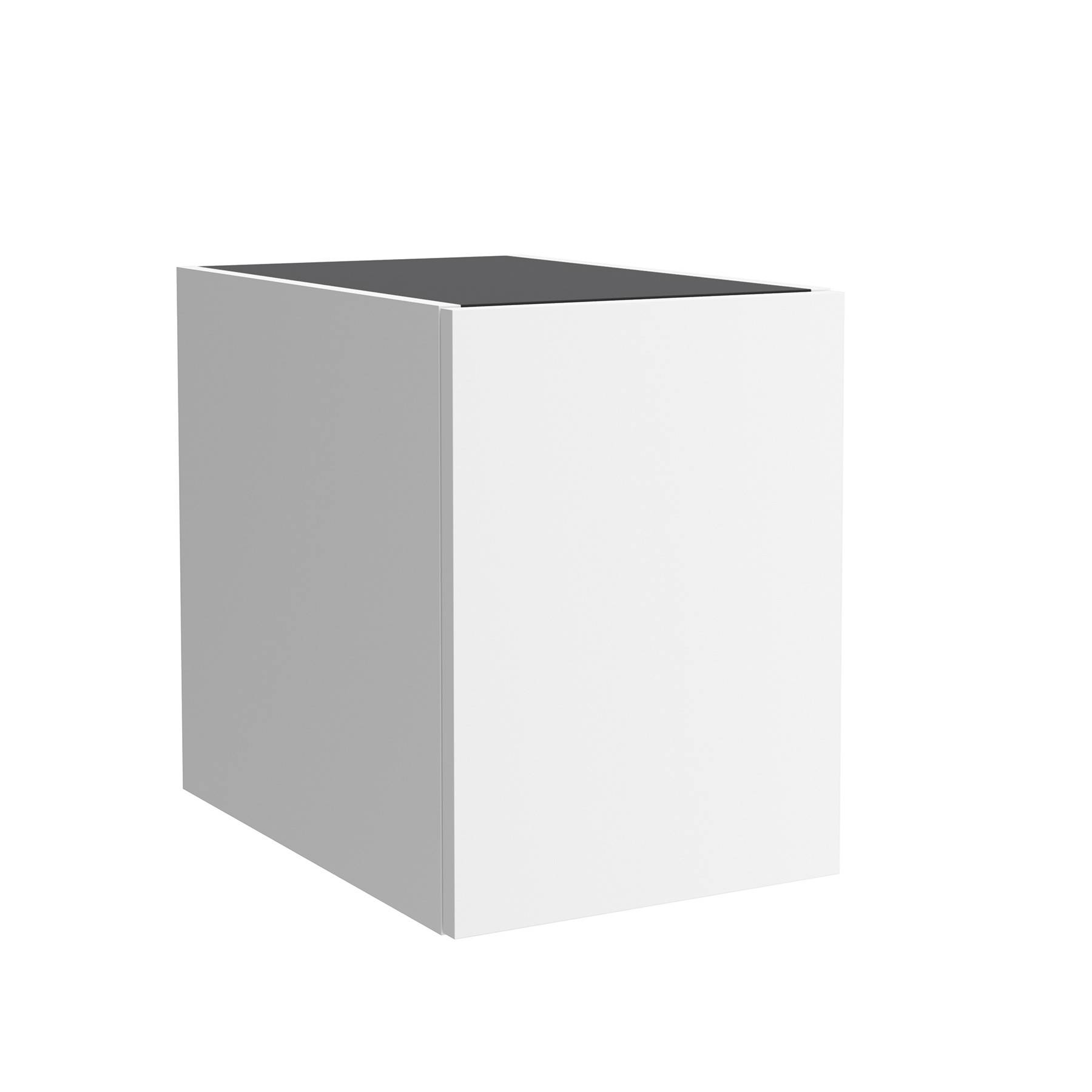 Eine einfache, weiße, rechteckige Box mit einer dunklen Oberfläche von oben, aus einem Winkel betrachtet.