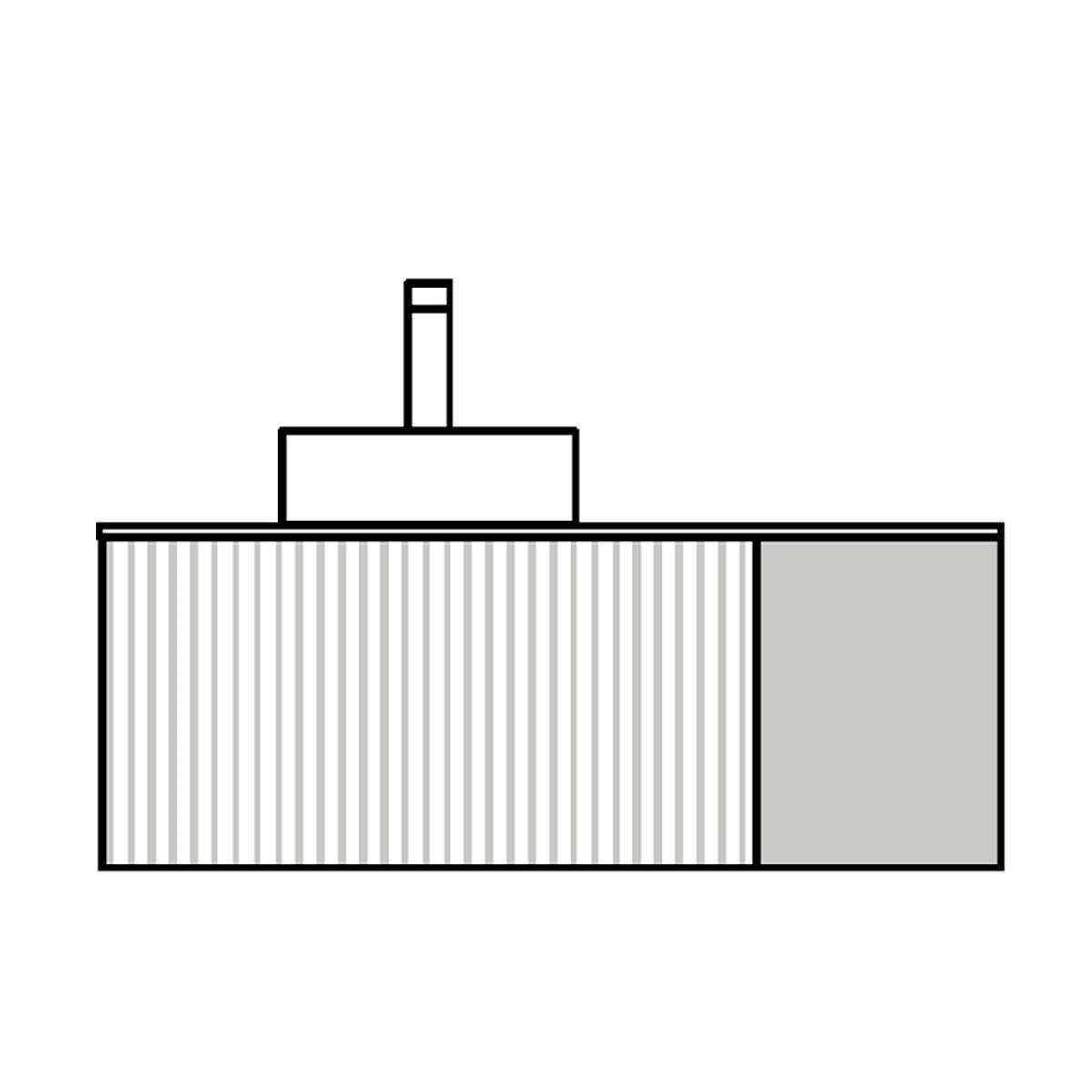 Einfache Strichzeichnung eines rechteckigen Gebäudes mit einer kleinen Dachstruktur und Schornstein, aufgeteilt in einen gestreiften linken Abschnitt und einen grauen rechten Abschnitt.