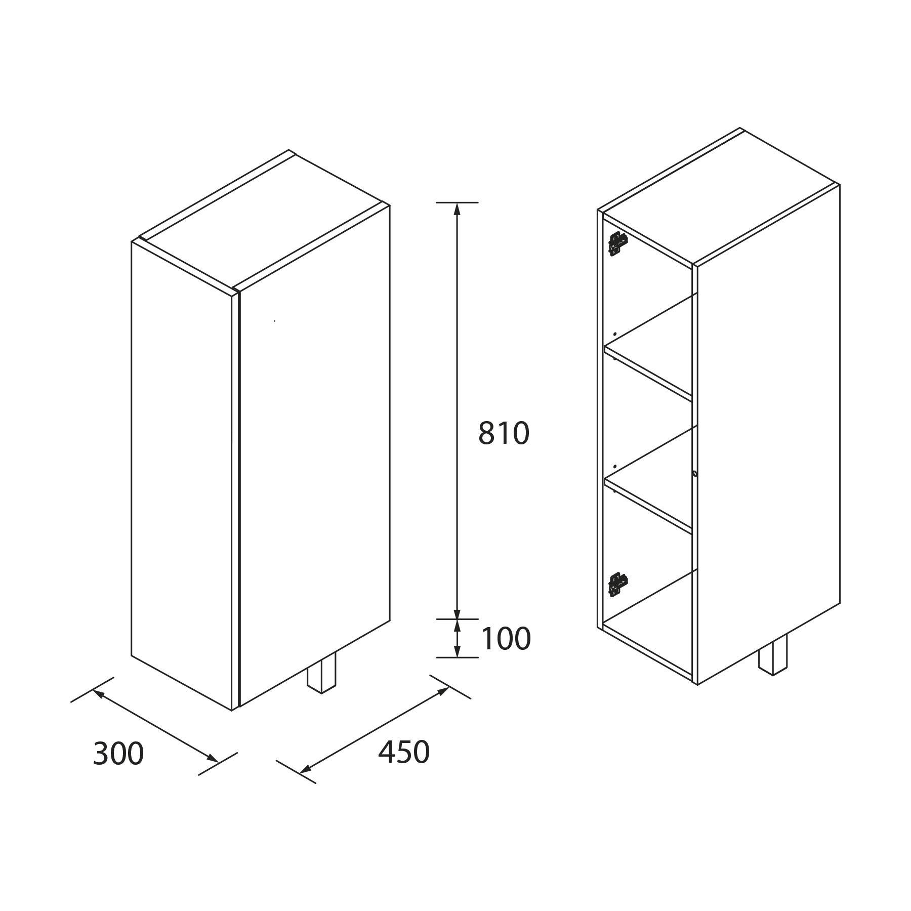 Zeichnung eines hohen, schmalen Schranks mit drei Einlegeböden und zwei Beinen. Abmessungen: 450 mm Breite, 300 mm Tiefe, 810 mm Höhe, 100 mm Beinenhöhe.
