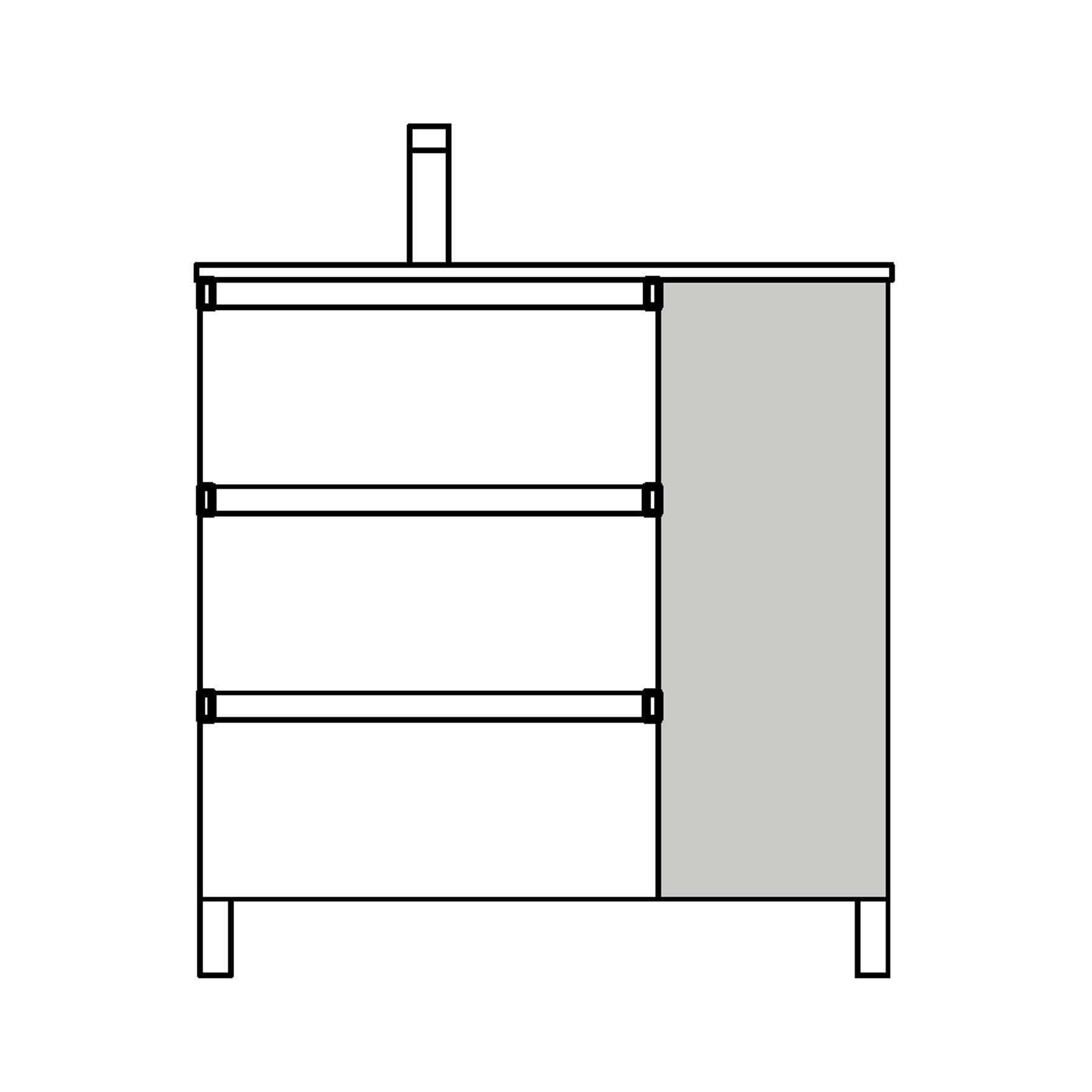 Diagramm eines Küchenschranks mit drei Schubladen links und einem Schrank rechts. Ein kurzes Rohr ist oben sichtbar und deutet auf eine Sanitärinstallation hin.