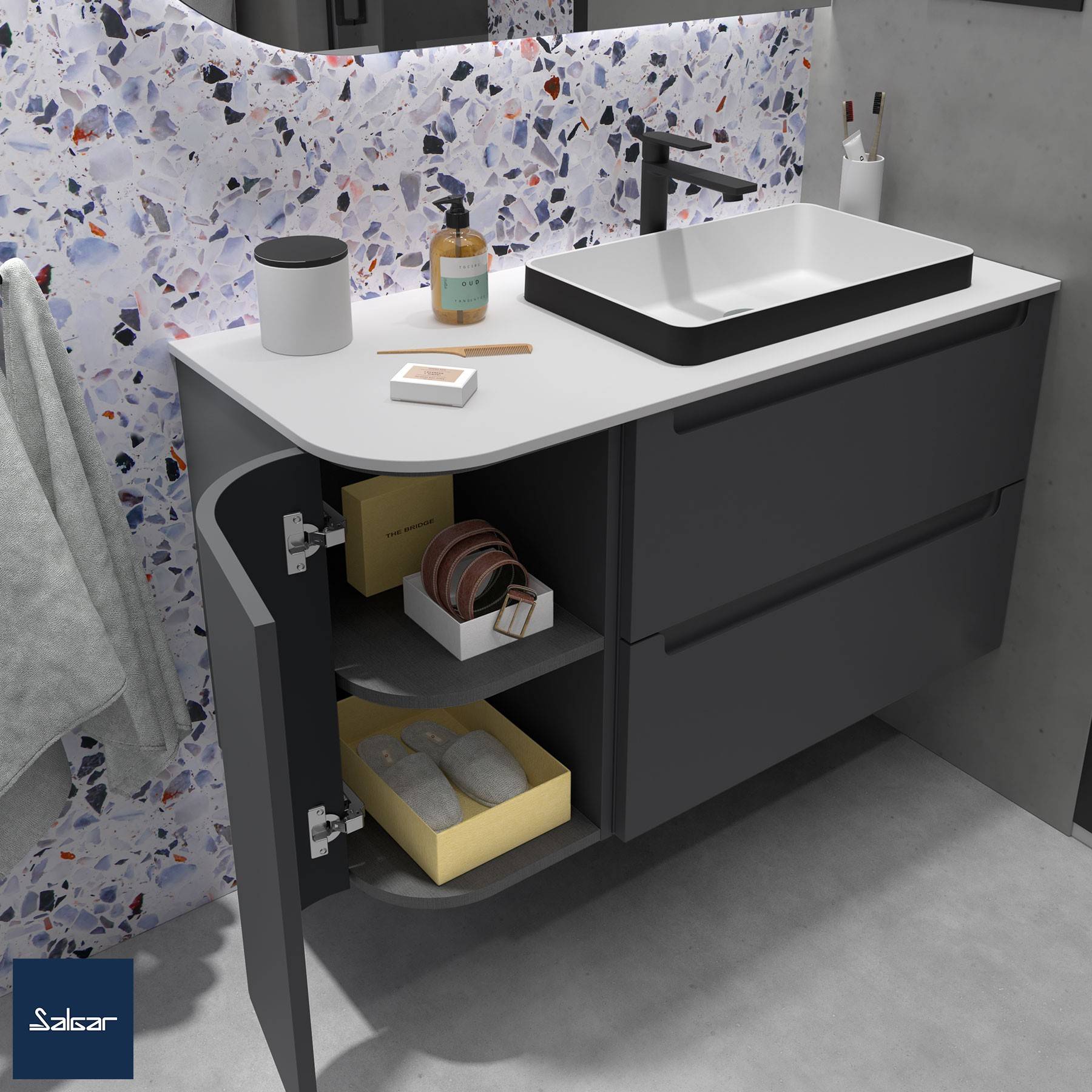 Salgar Schrankelement wandhängend ALLIANCE 300 links / rechts 1 geschwungene Tür zum Öffnen mit Pushsystem ANTHRAZITGRAU MATT 300 x 540 x 450 mm