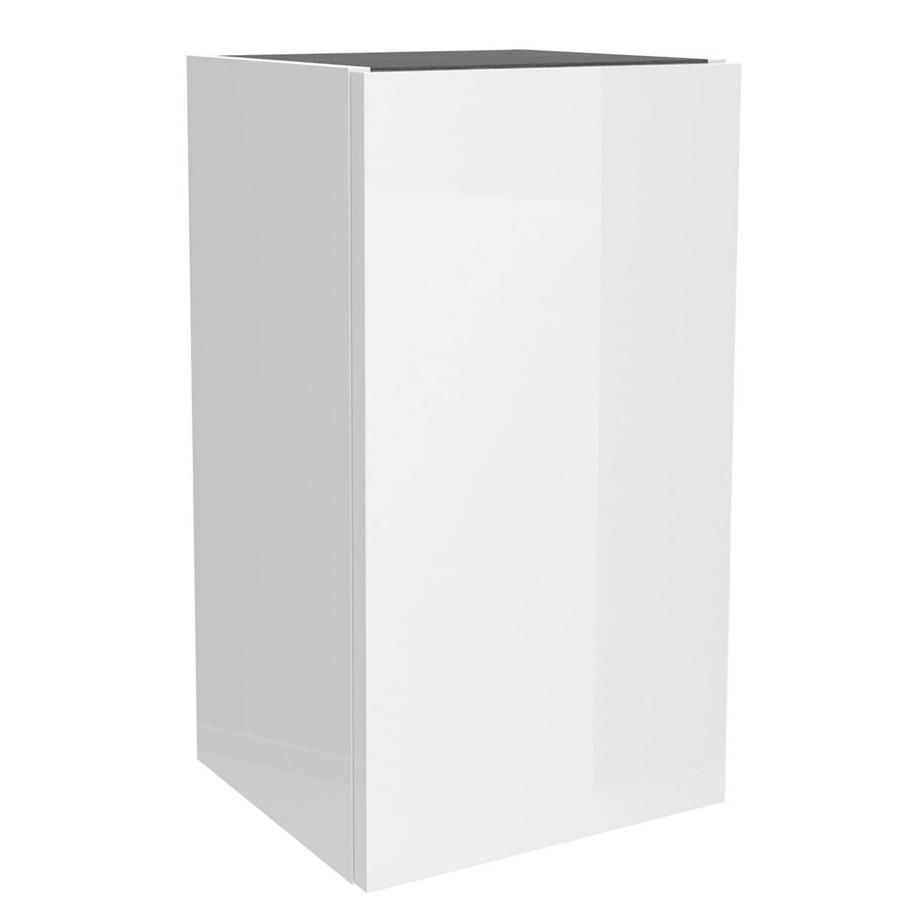 Ein hoher, weißer, glänzender Schrank mit quadratischer Form und glatten Oberflächen.