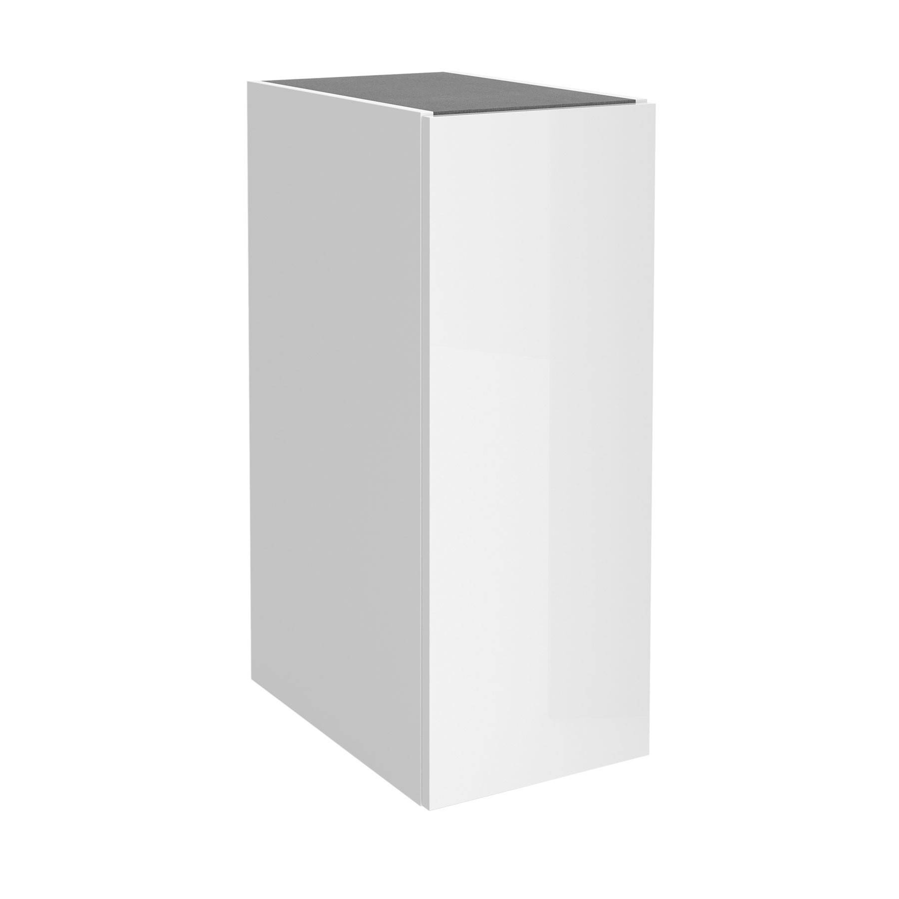 Eine hohe, weiße, moderne rechteckige Box mit einem schwarzen Deckel, höchstwahrscheinlich ein Schrank oder eine Aufbewahrungseinheit, die vor einem schlichten Hintergrund steht.