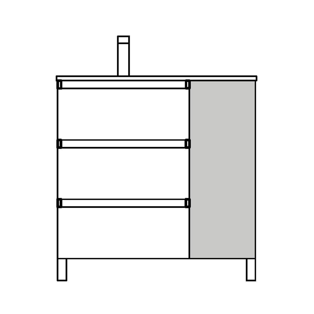 Einfaches Schrankdiagramm mit drei Regalen auf der linken Seite, einem durchgehenden grauen Paneel auf der rechten Seite und kurzen Beinen am unteren Ende.