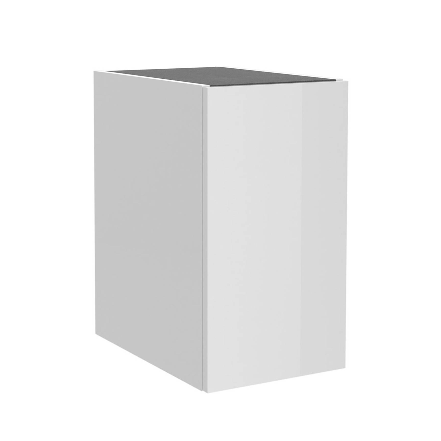 Weißer rechteckiger Schrank auf einem neutralen Hintergrund, aus einem Winkel betrachtet.