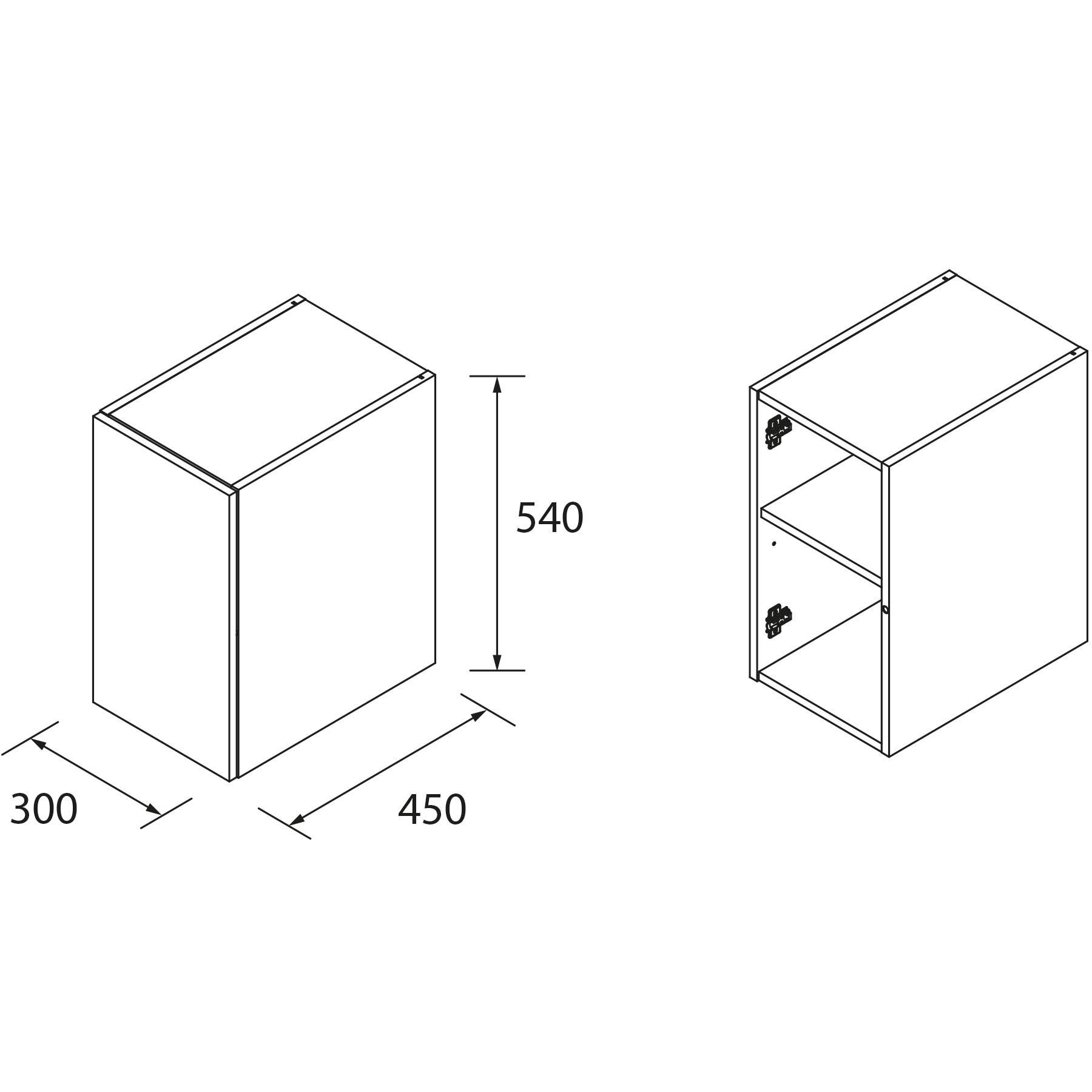 Diagramm eines rechteckigen Schranks mit Abmessungen: 450 mm Breite, 300 mm Tiefe, 540 mm Höhe. Enthält zwei Einlegeböden im Inneren.