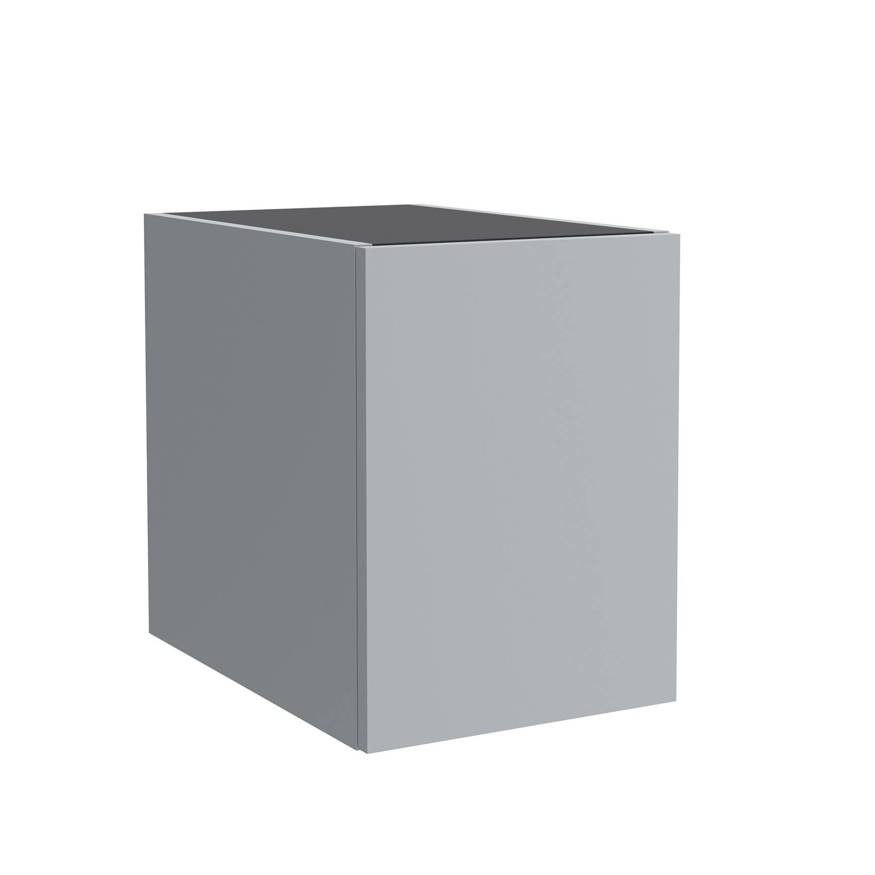 Eine graue, rechteckige, einfache Schachtel mit einer flachen Oberseite.
