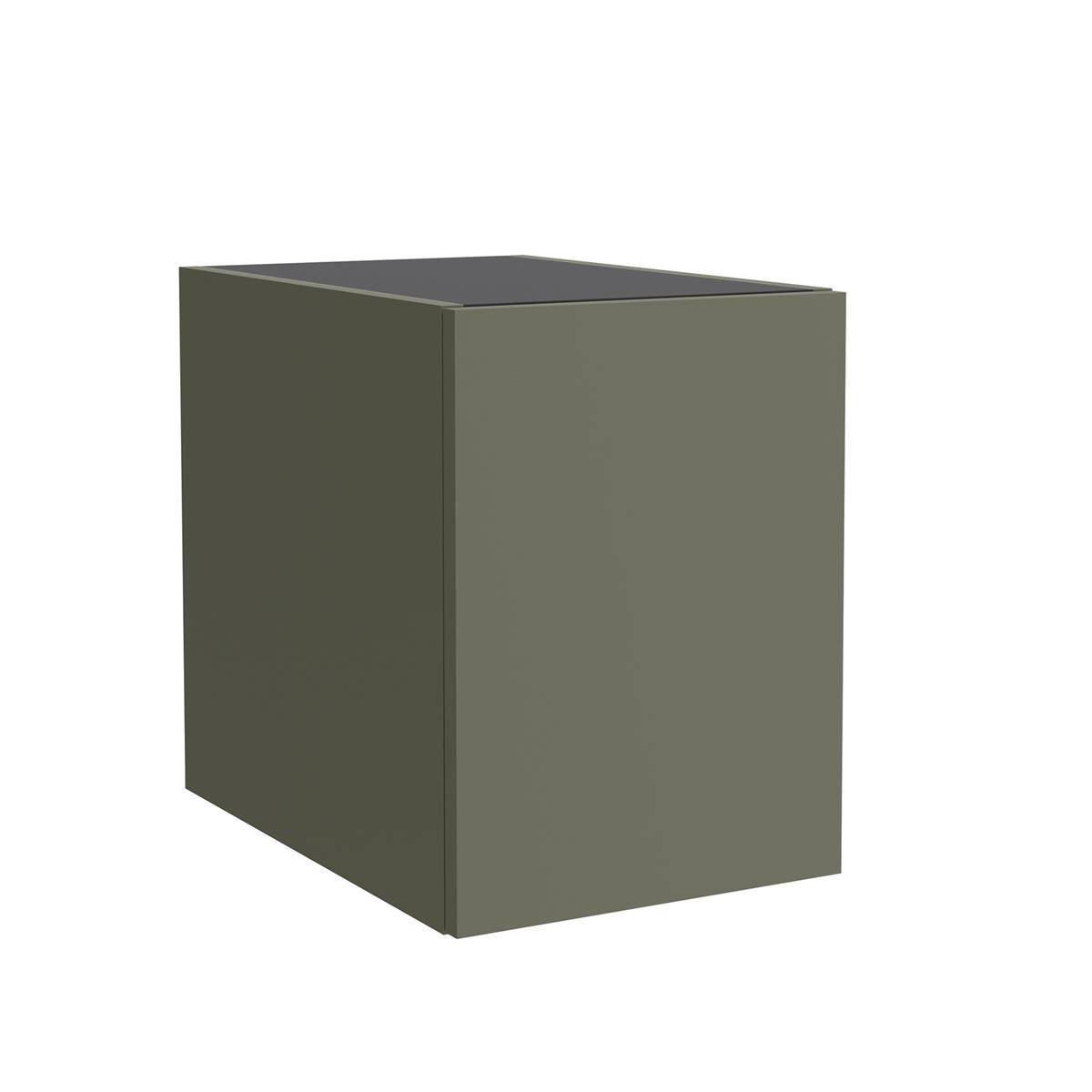 Ein einfacher graugrüner rechteckiger 3D-Kasten, aus einem Winkel betrachtet, auf weißem Hintergrund.