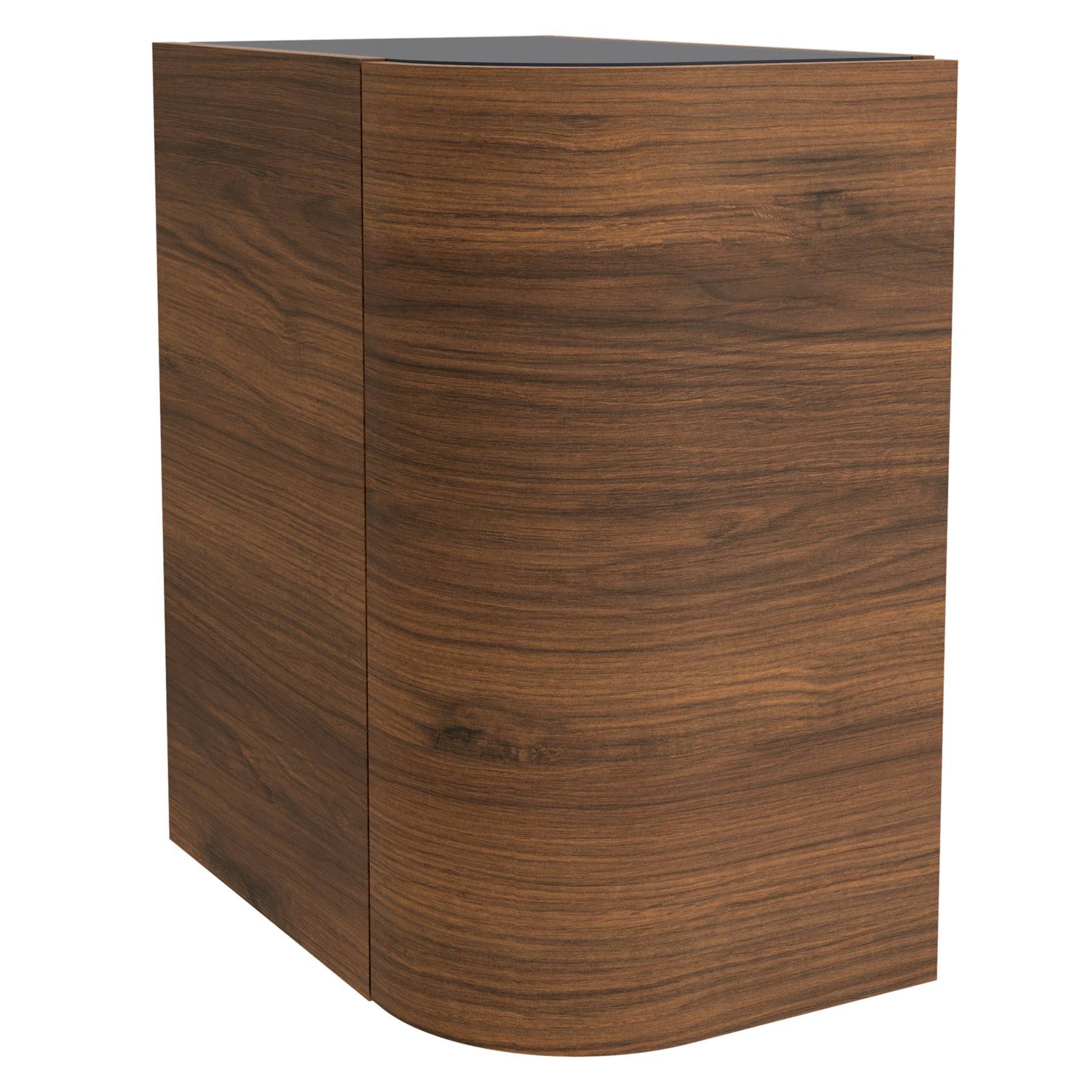 Ein Holzschrank mit glatter, dunkler Oberfläche und einer geschwungenen Vorderkante.