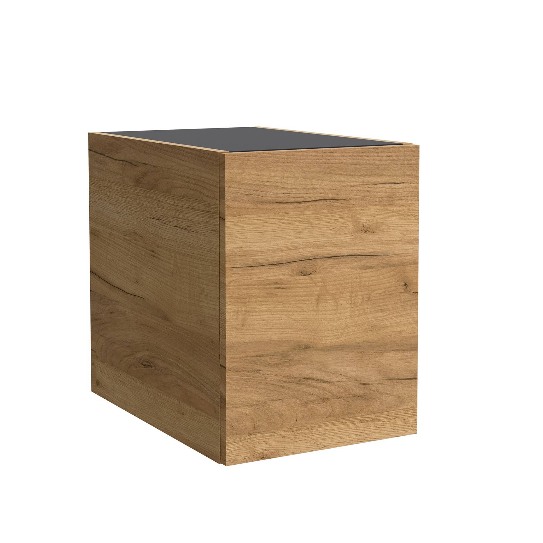 Rechteckige Holzkiste mit einer dunklen Oberfläche, wahrscheinlich als Beistelltisch oder Aufbewahrungseinheit verwendet, die die natürliche Holzmaserung zur Geltung bringt.