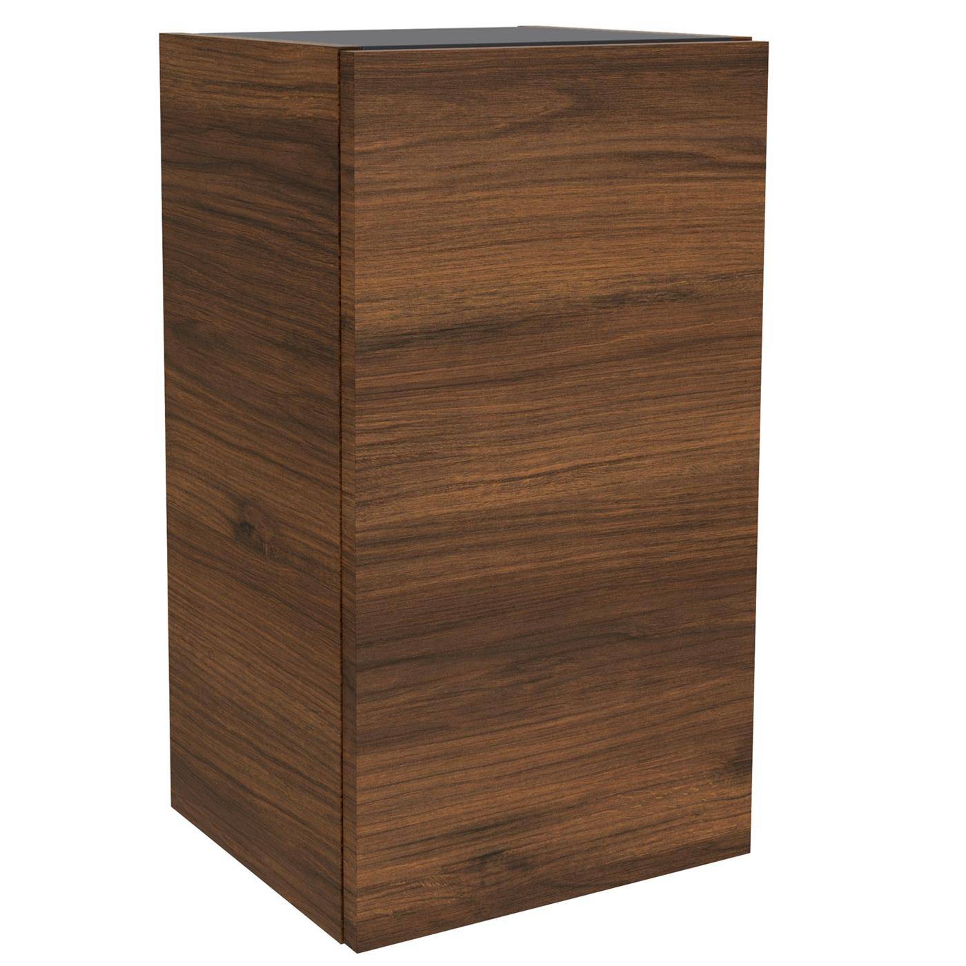 Holzpodest-Schrank oder Lautsprecherbox mit dunkler Walnussfinish, isoliert vor weißem Hintergrund dargestellt.