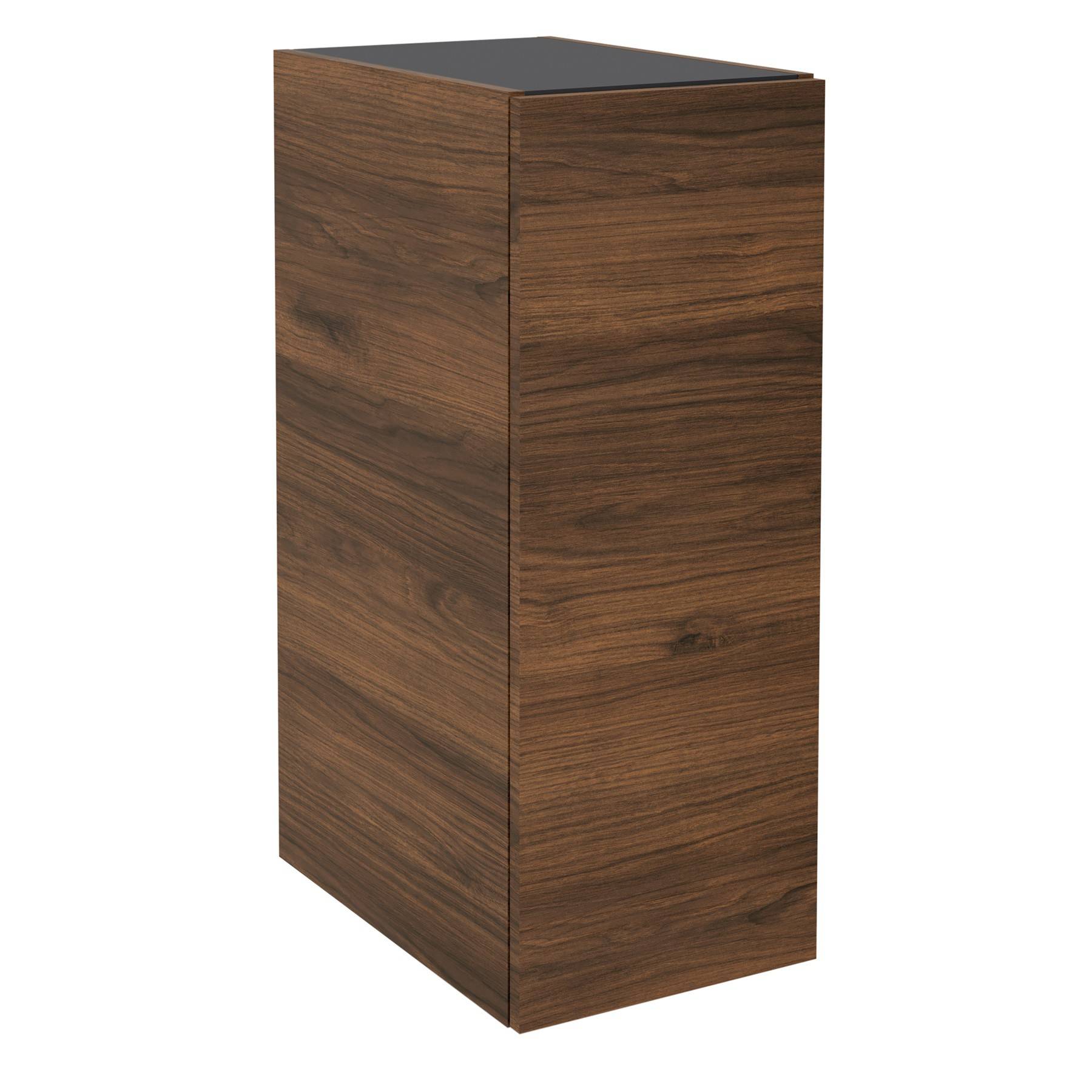 Ein Holzsockel mit einem einfachen rechteckigen Design, der reiche braune Töne und eine glatte Oberfläche aufweist.