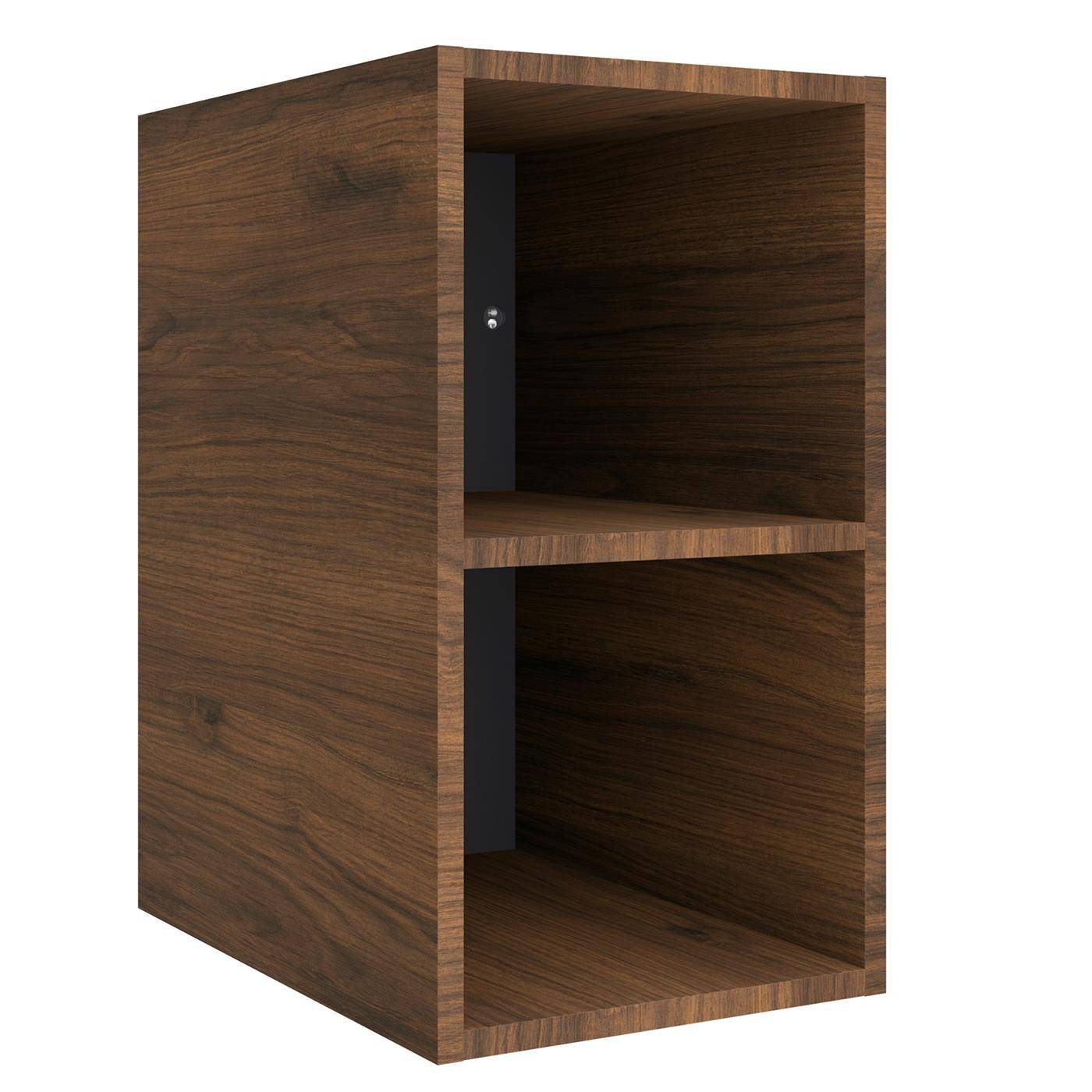 Wandschrank aus Holz mit zwei Fächern, offenen Frontregalen und dunklen Innenpaneelen, vor weißem Hintergrund abgebildet.