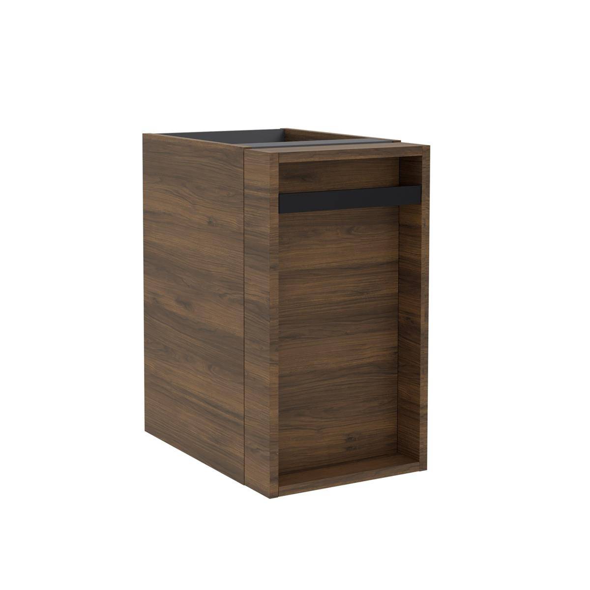 Offener Holzschrank oder Mülleimer mit dunkelm Holzfinish, isoliert auf weißem Hintergrund dargestellt.
