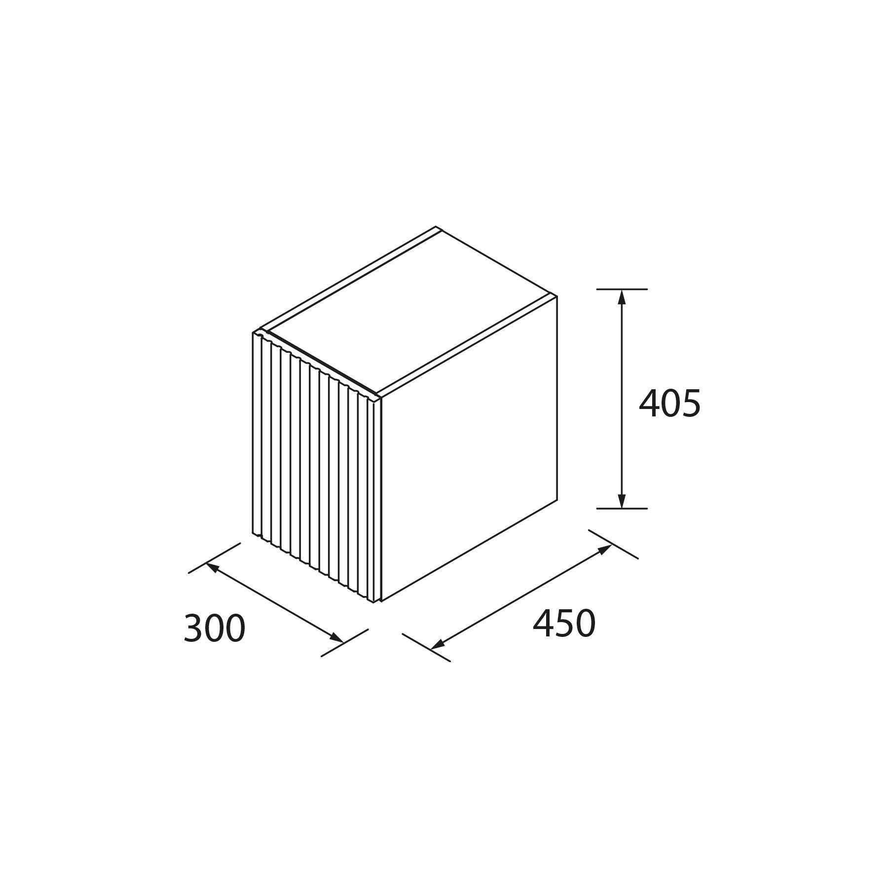 Diagramm eines 3D-Rechteckobjekts. Abmessungen sind gekennzeichnet: 300 (Breite), 450 (Tiefe) und 405 (Höhe).
