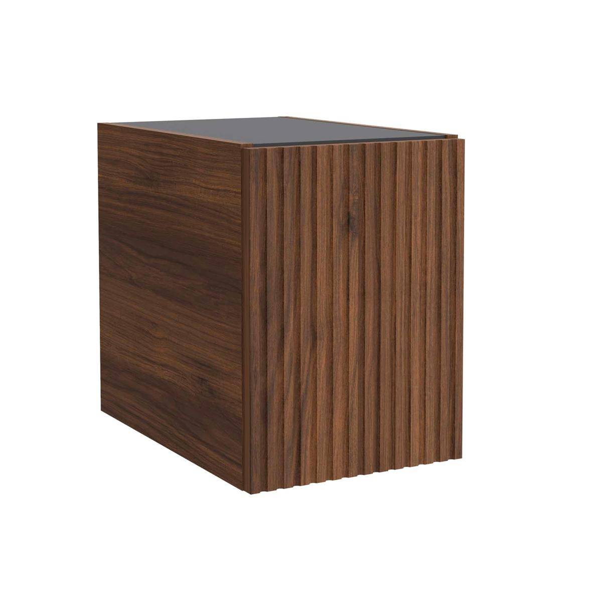 Holzschrank oder Postament mit vertikal lamellierter Front und dunklen Holzseiten, dargestellt auf weißem Hintergrund.