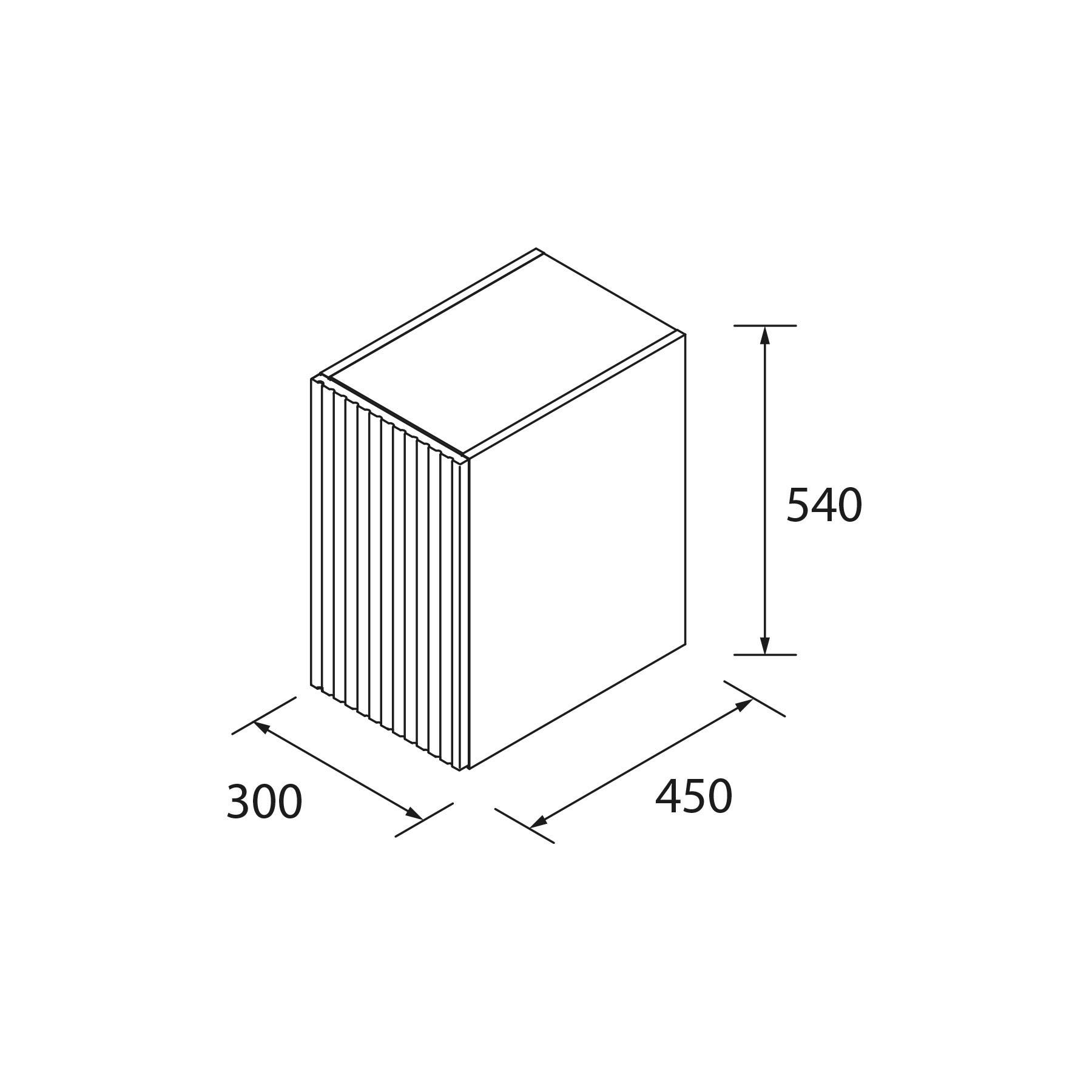 Eine isometrische Ansicht einer Box mit beschrifteten Abmessungen: Breite 300, Tiefe 450, Höhe 540.