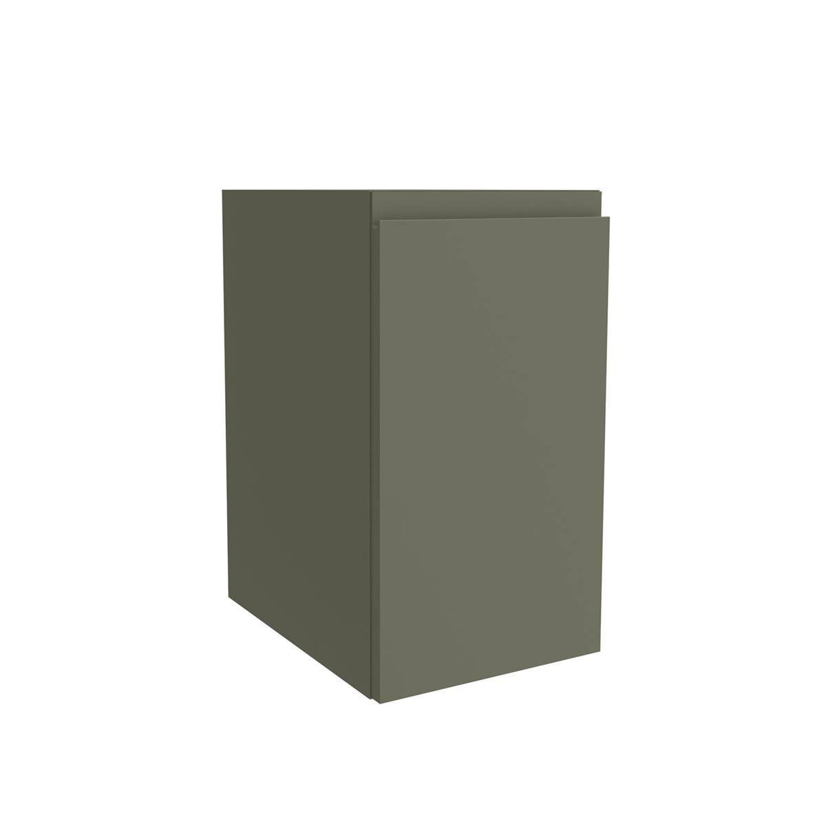 Schlicht olivgrüner rechteckiger Schrank oder Lagerbox auf weißem Hintergrund, gezeigt in einfacher 3D-Ansicht mit einem leicht geöffneten Panel.