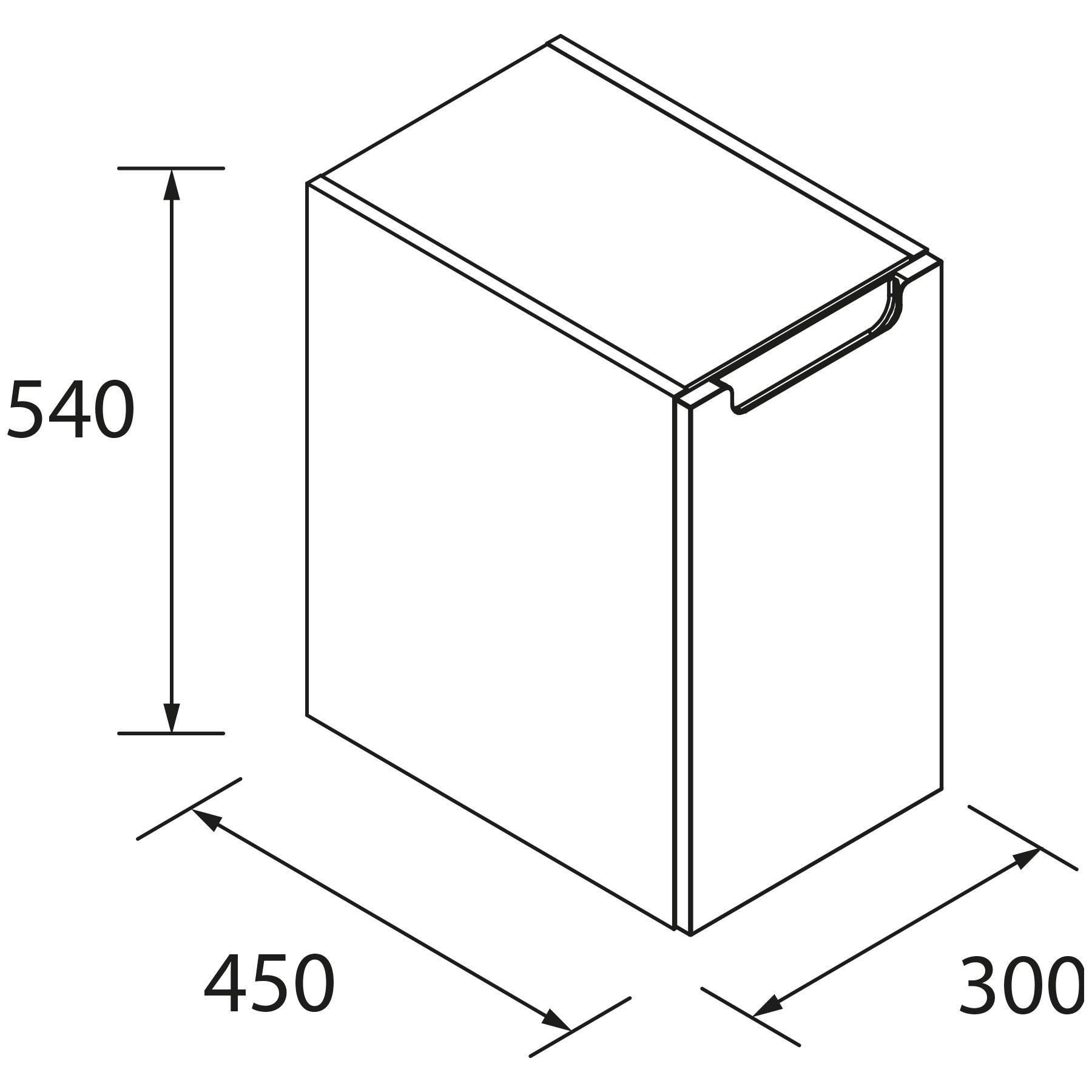 Darstellung einer rechteckigen Box mit den Abmessungen: Höhe 540, Breite 450 und Tiefe 300.
