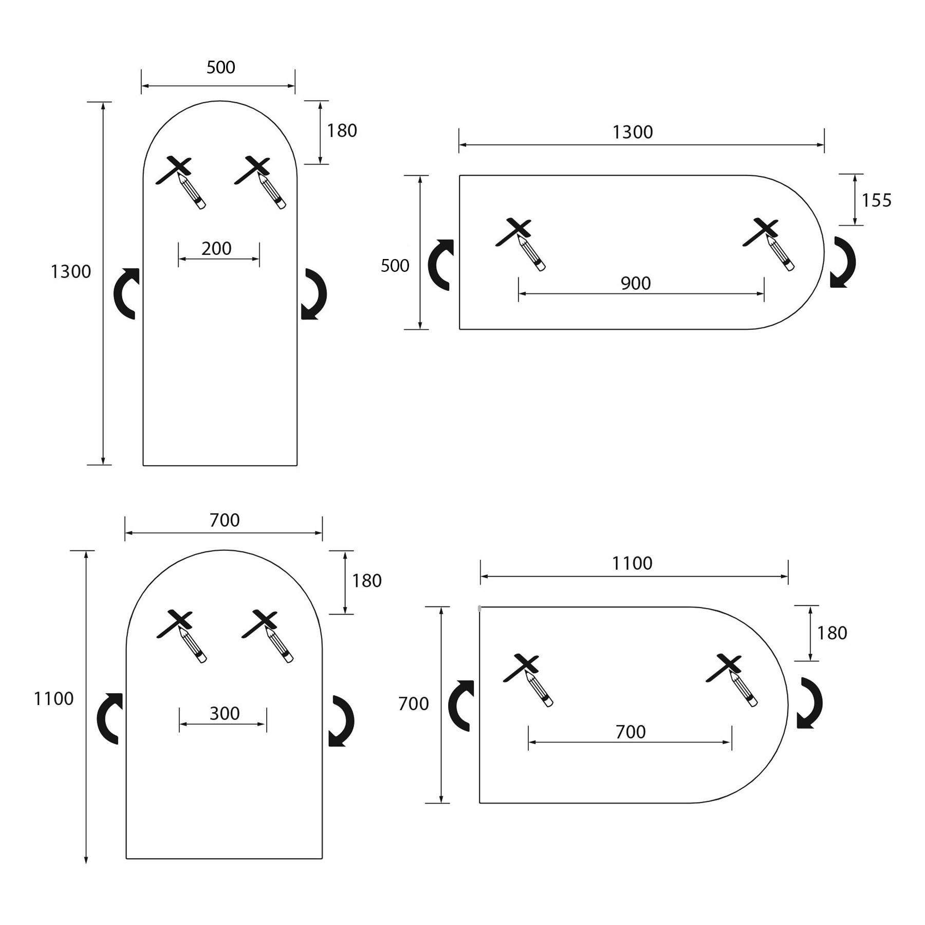 Diagramme von zwei Boxsäcken mit Abmessungen in Millimetern. Der erste misst 1300x500, mit einer 200 Millimeter breiten Quergriffstange oben. Der zweite misst 1100x500, mit einer 900 Millimeter oberen Griffsektion und Griffgriffen.