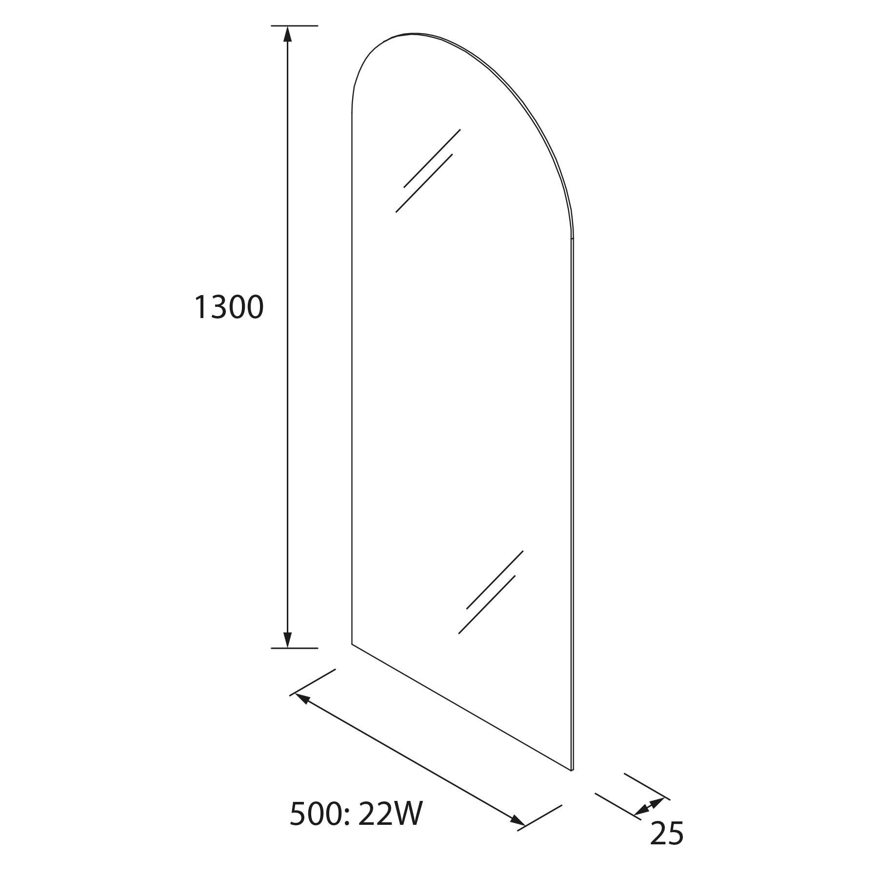 Bogenförmiger Spiegel Abmessungen: Höhe 1300 mm, Breite 500 mm, Dicke 25 mm.