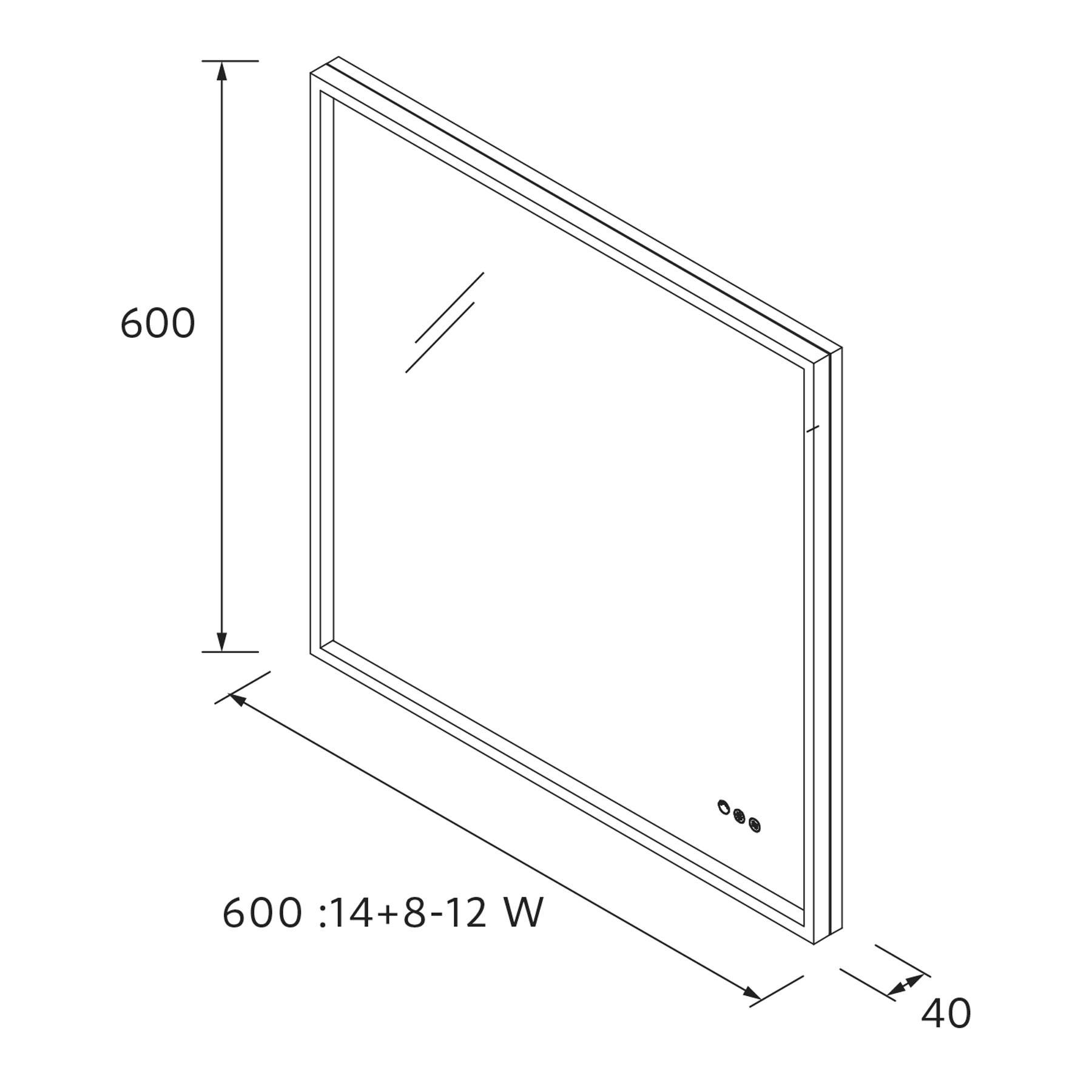 Diagramm eines quadratischen Spiegels mit Maßen: 600 mm Höhe, 600 mm Breite, 40 mm Tiefe, gekennzeichnet mit Leistung: 14+8-12 Watt.