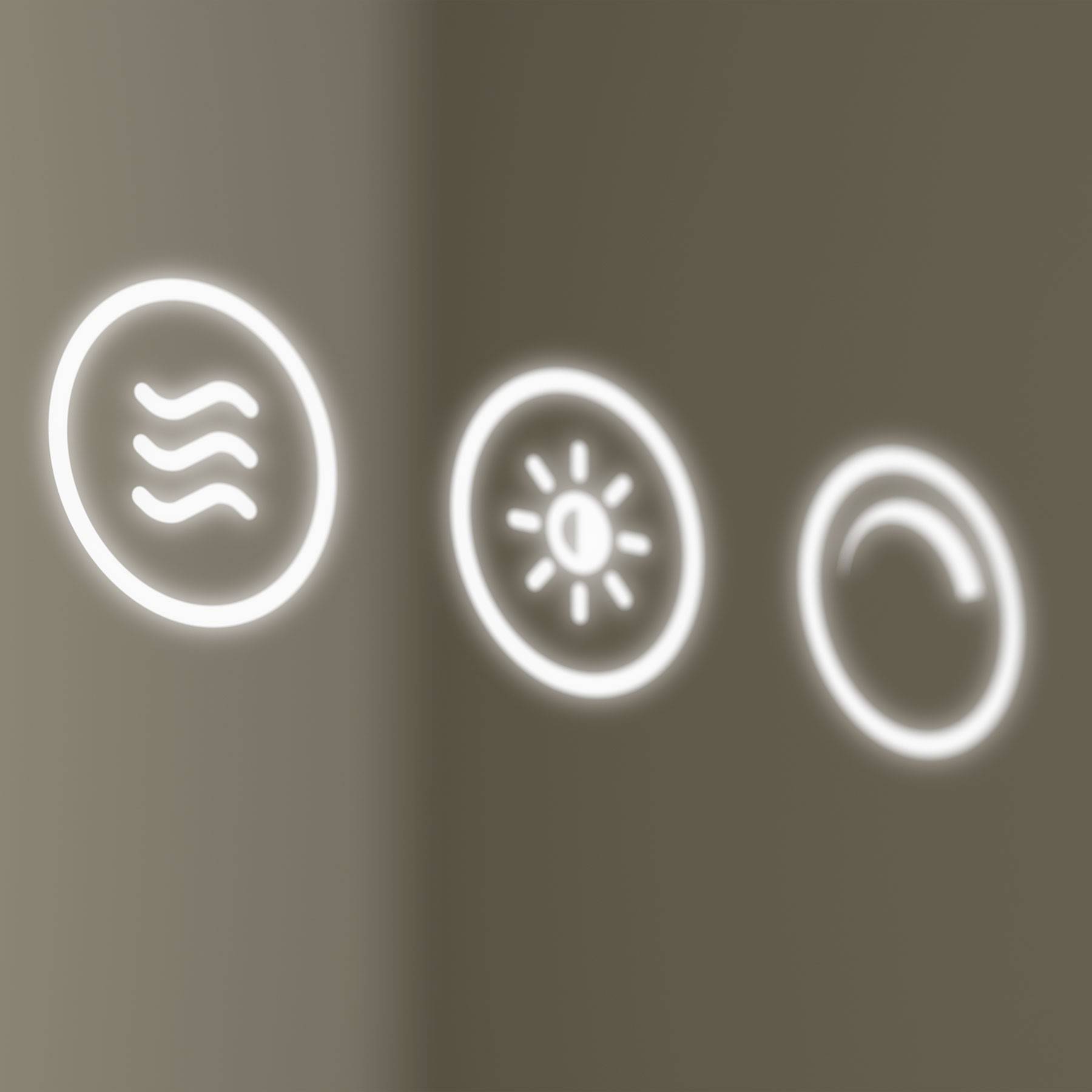 Drei leuchtende Symbole auf unscharfem Hintergrund: gewellte Linien, eine Sonne und ein Halbkreis mit einem Pfeil.