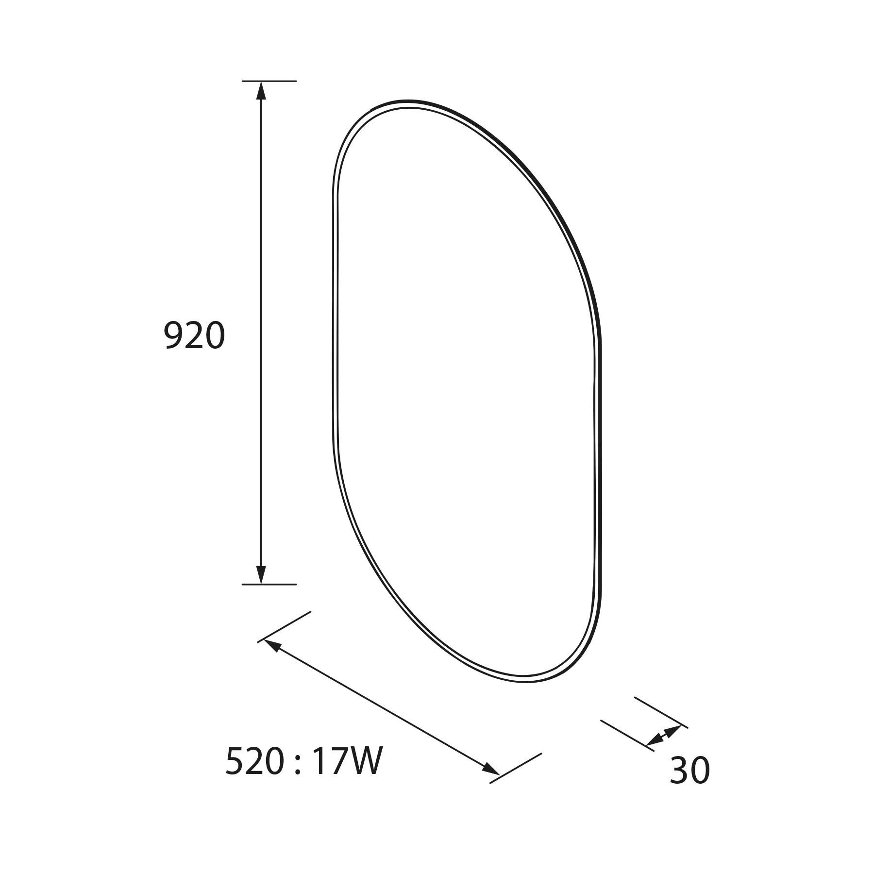 Ovaler Spiegel Abmessungen: Höhe 920 mm, Breite 520 mm, Tiefe 30 mm, Leistung 17W.
