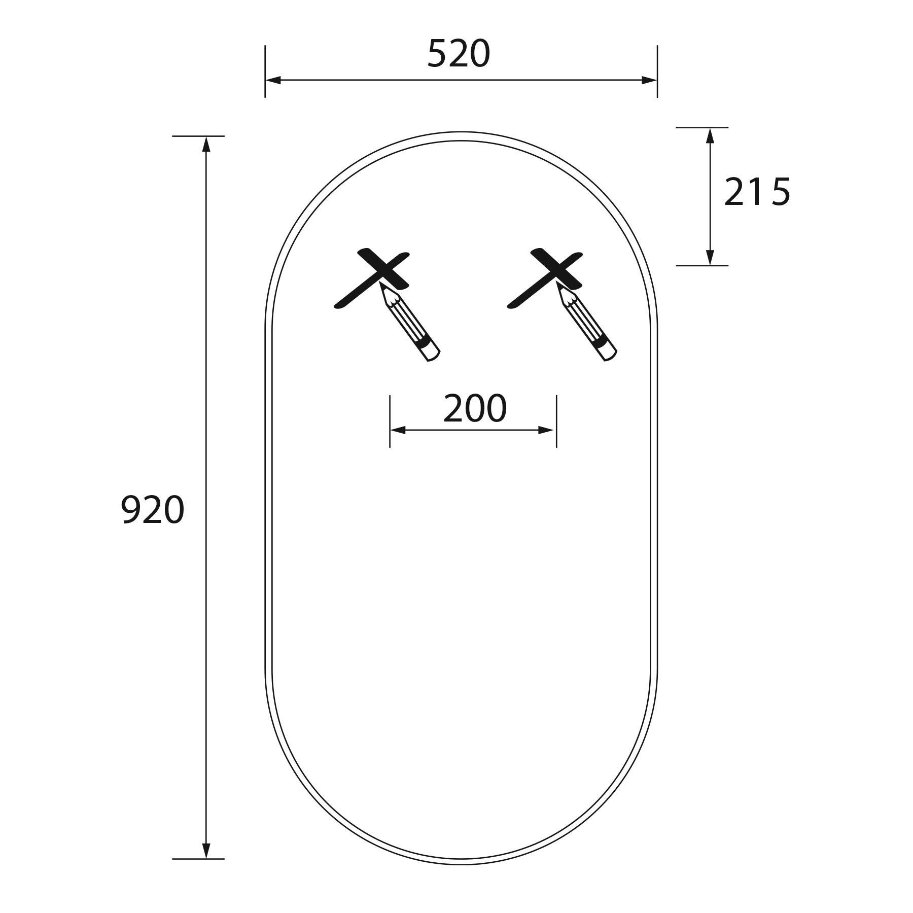 Eine technische Zeichnung einer ovalen Badewanne mit Maßen: Länge 920 mm, Breite 520 mm. Enthält zwei Wasserhähne, die 200 mm voneinander entfernt sind.