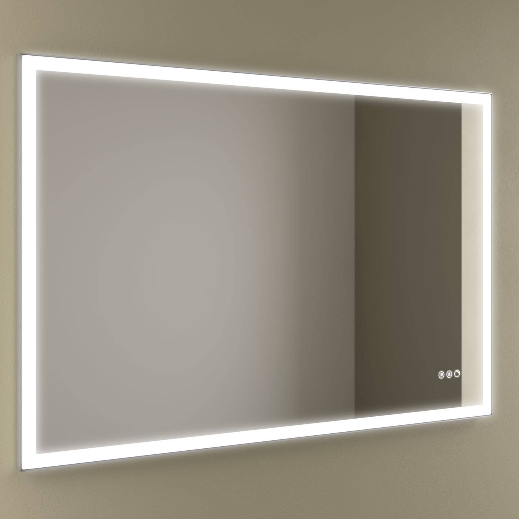 Ein rechteckiger LED-Badezimmerspiegel mit einem leuchtend weißen Rand, der an einer beigen Wand montiert ist.