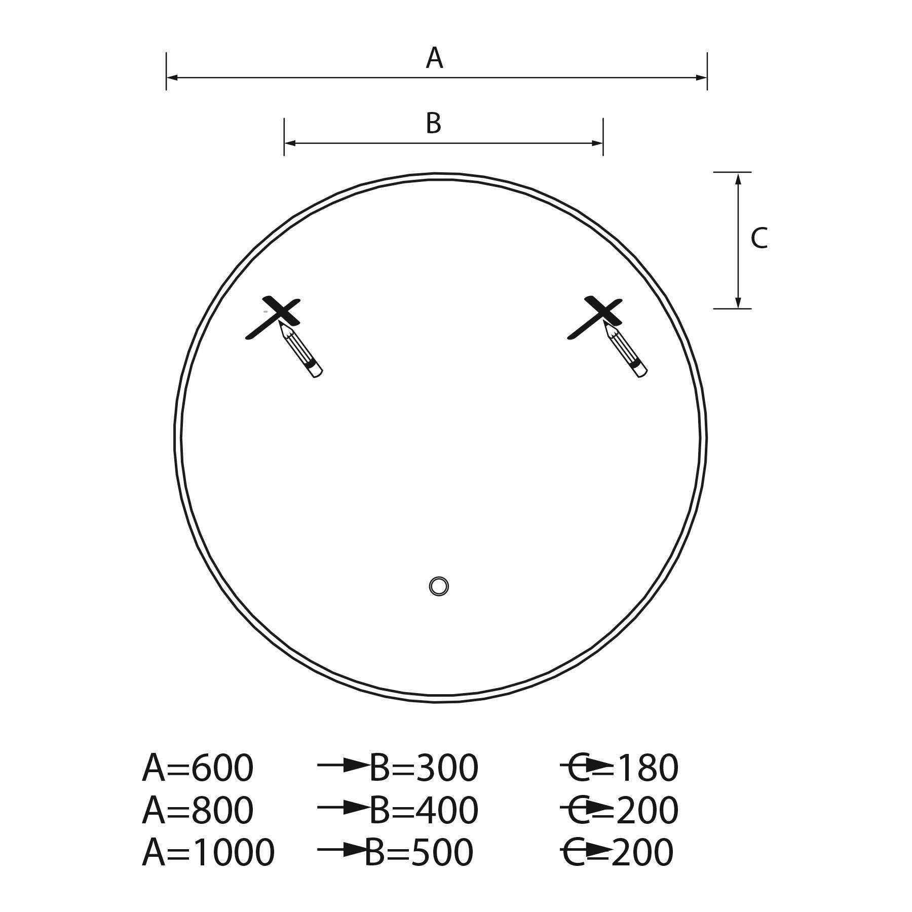 ‚A' steht für den Gesamtdurchmesser, ‚B' für den Abstand zwischen den Befestigungen, ‚C' für den vertikalen Abstand von den Befestigungen zur Basis. Die Preise variieren.