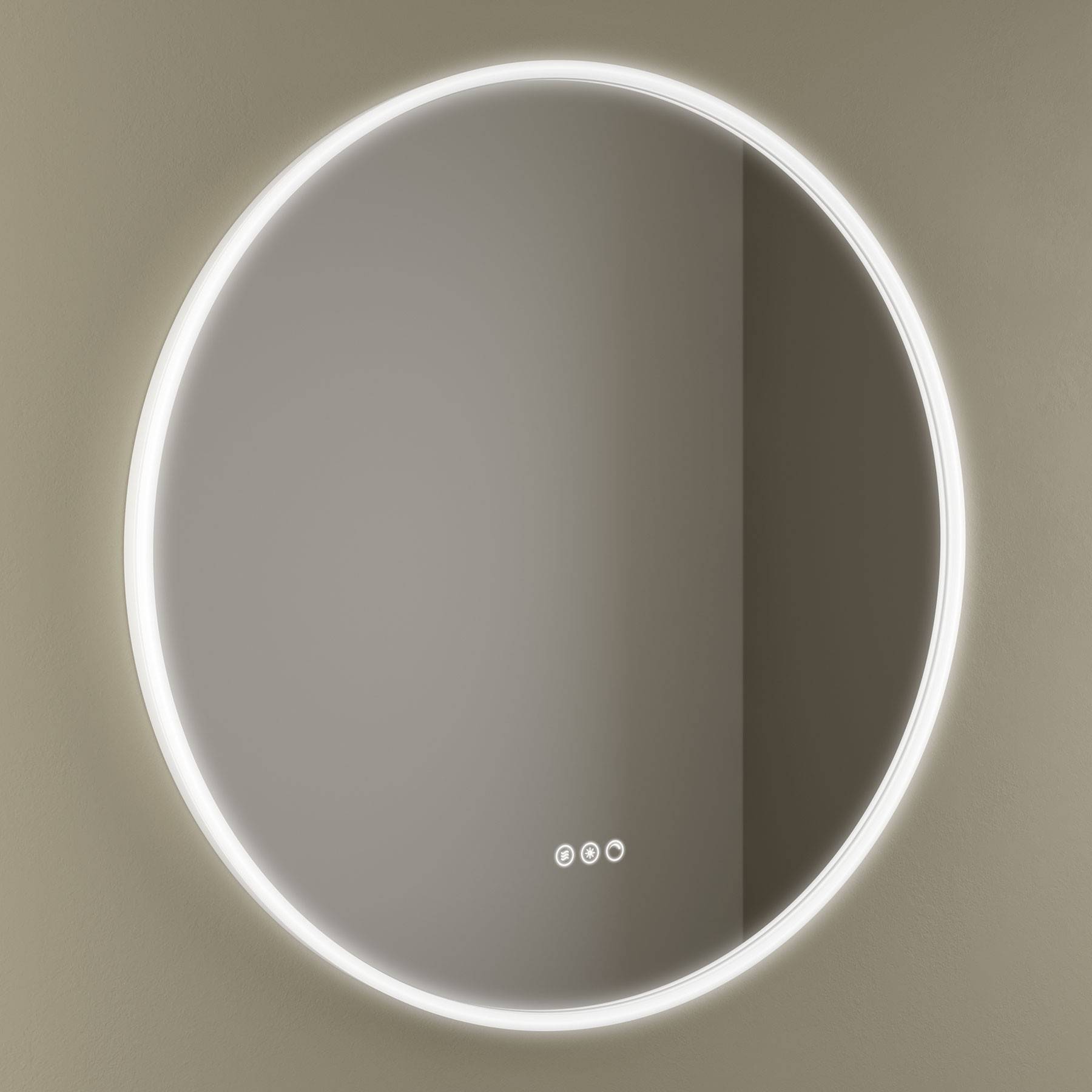 Kreisförmiger Spiegel mit einem sanften weißen LED-Licht um den Rand, an einer beigen Wand montiert.