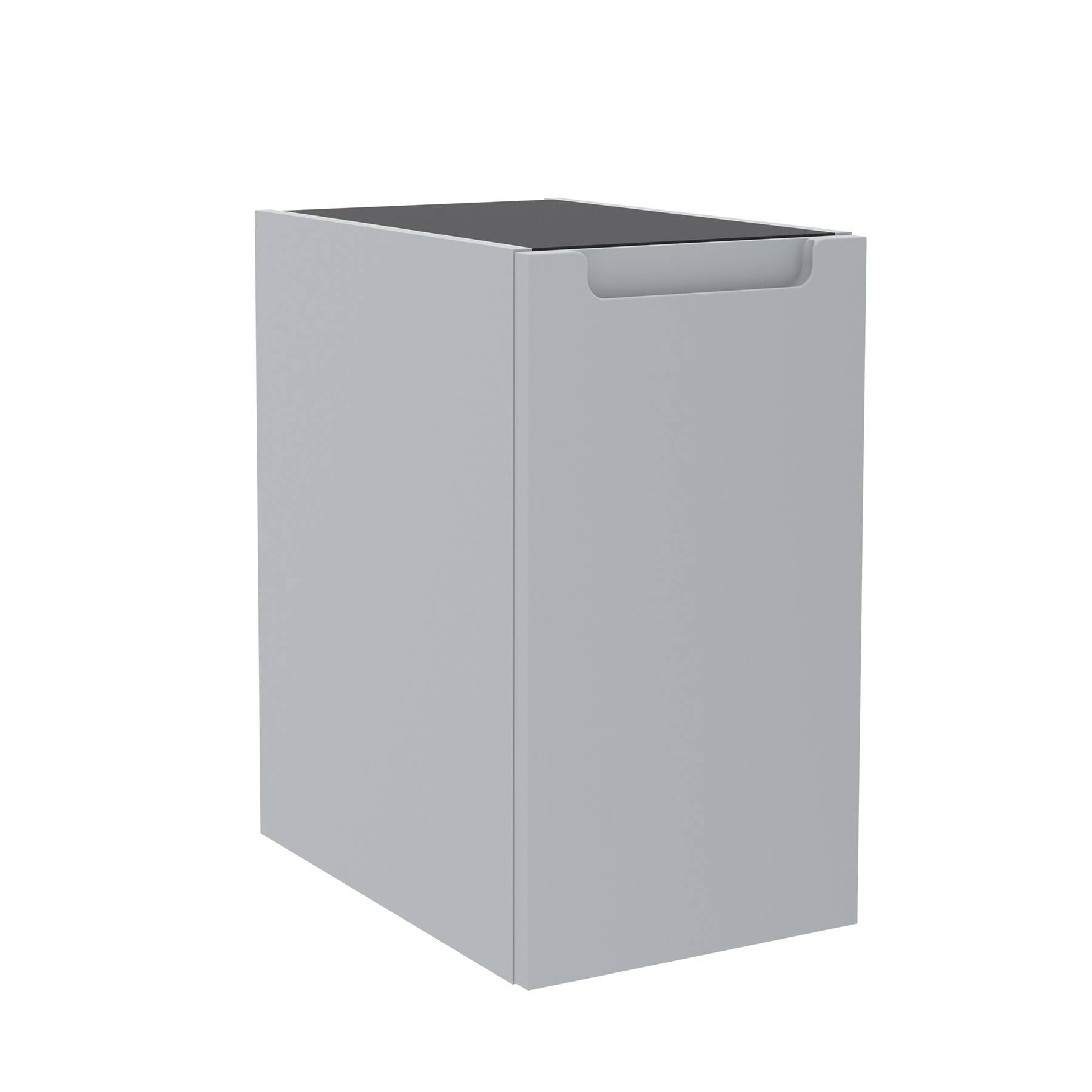 Graue, rechteckige Metallbox mit einer Öffnung oben und einem Griff an der Seite, höchstwahrscheinlich ein Behälter oder Behältnis.