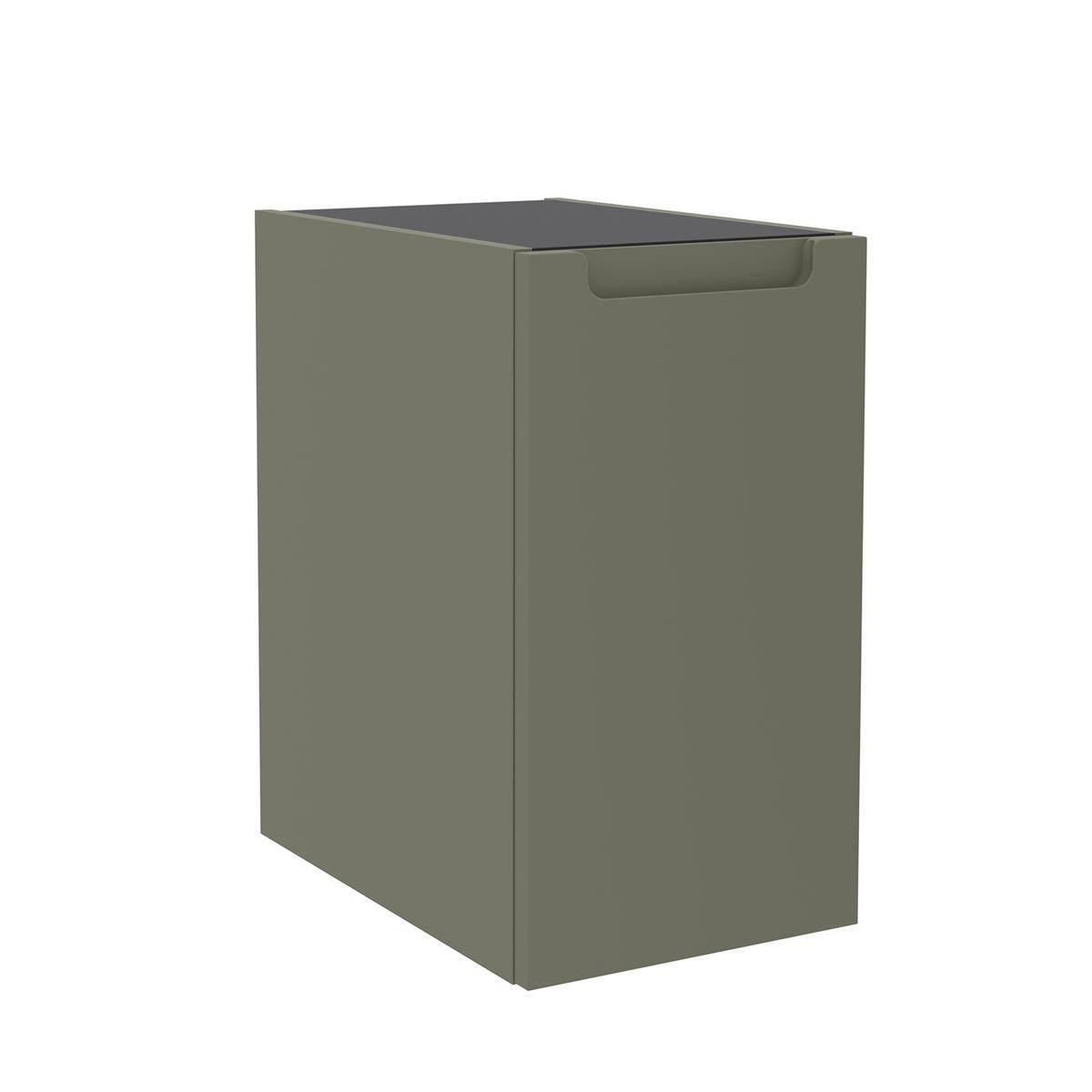 Schlichte olivgrüne Aufbewahrungsbox mit dunkelem Deckel und eingelassener Frontgriff, auf weißem Hintergrund dargestellt.