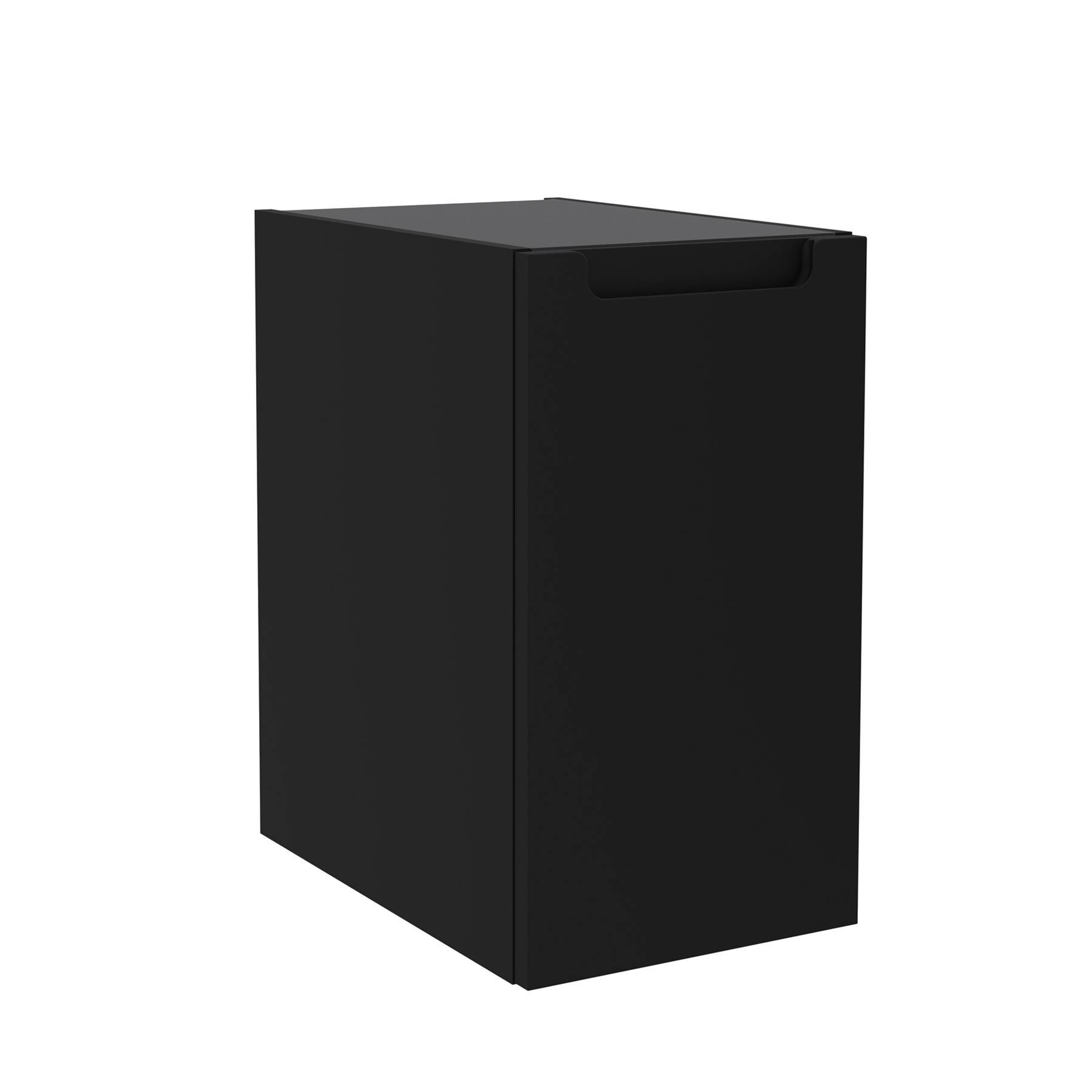 Ein matter schwarzer, rechteckiger Abfallbehälter mit geschlossenem Deckel und schlankem, minimalistischem Design.