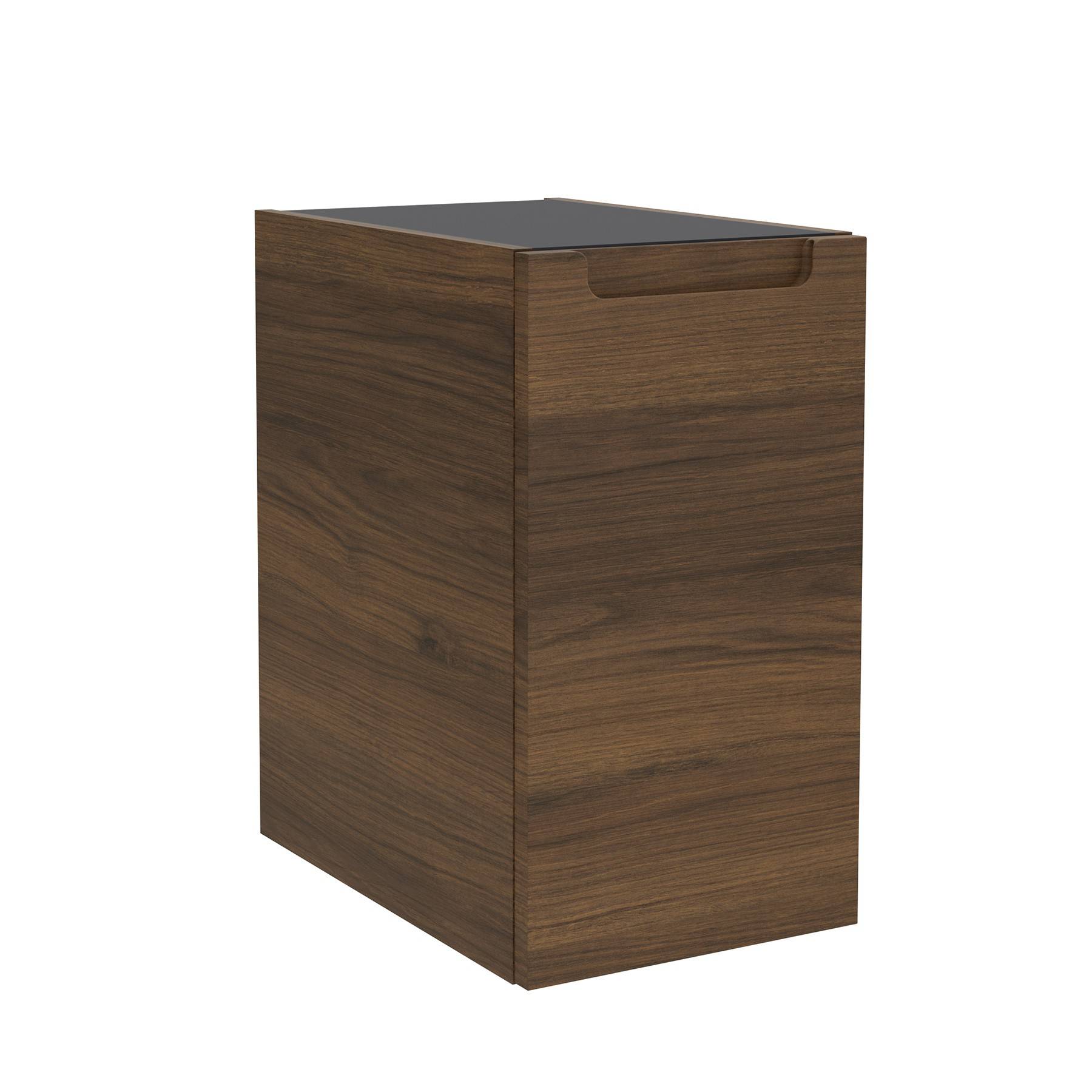 Holzaufbewahrungsschrank mit elegantem, dunklem Holzfinish und einer einzelnen Fronttlade, geeignet für Büro oder Heimgebrauch.