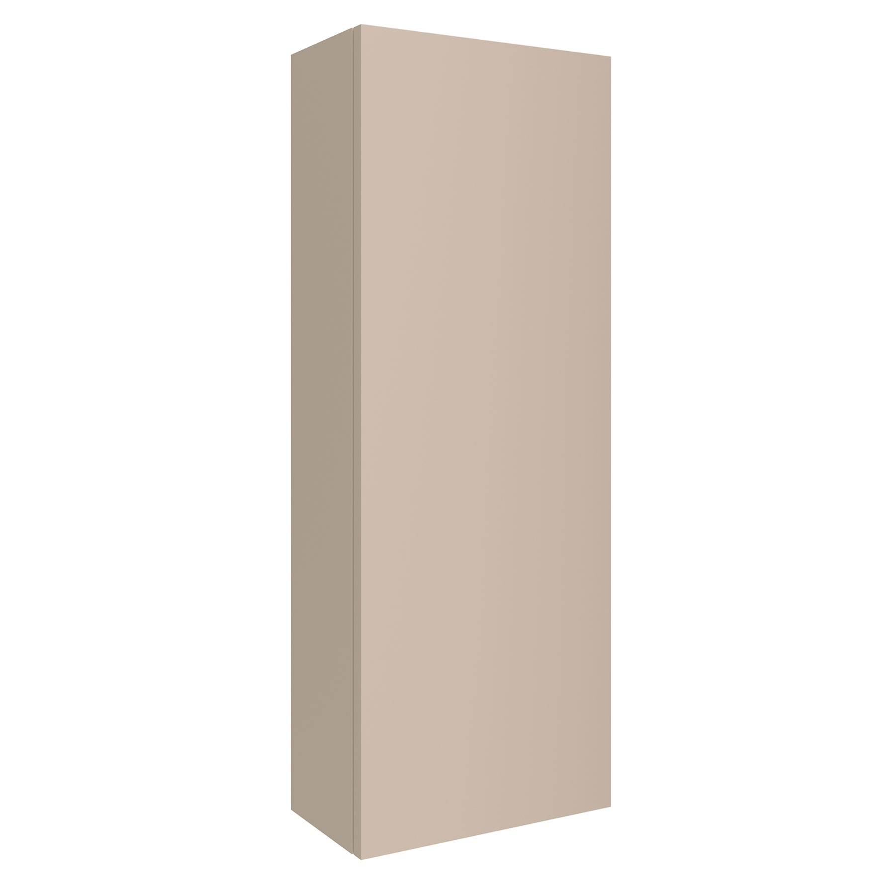 Ein beiger rechteckiger Schrank mit einer hohen, schmalen Konstruktion, von einem Winkel aus betrachtet.