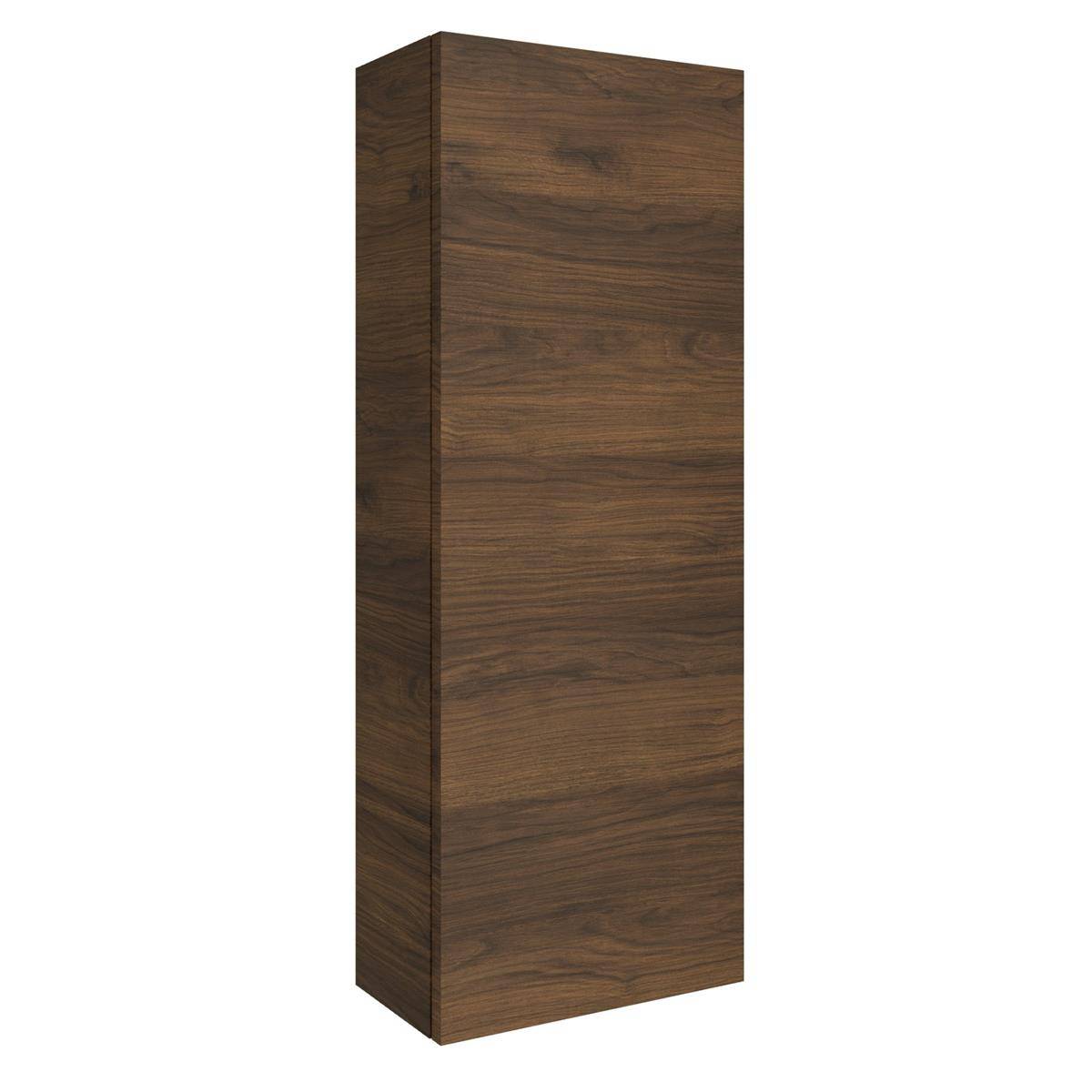 Hoher hölzerner Lagerschrank mit dunklem Walnussfinish, frontal auf weißem Hintergrund dargestellt.