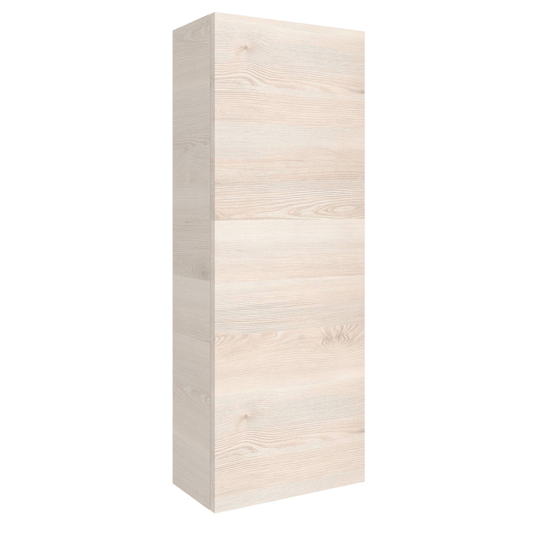 Hoher, rechteckiger Holzschrank mit heller Holzmaserung, aufrecht stehend.