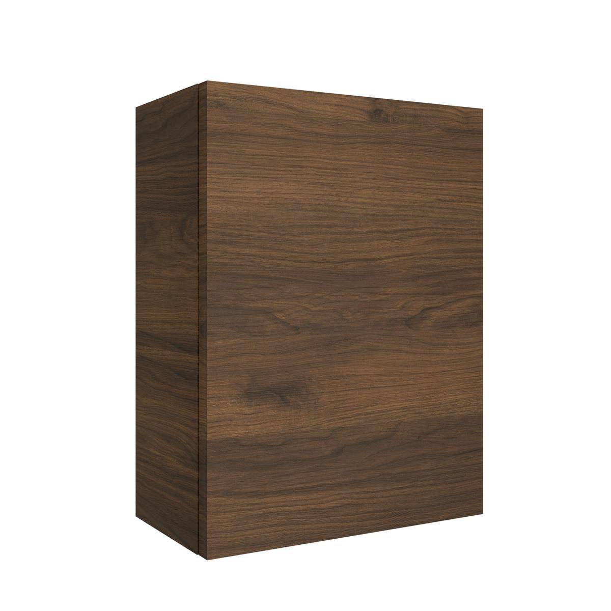 Braunes Holzmaserung-Wandschrank mit flacher Front und Seitenpaneel, isoliert auf weißem Hintergrund dargestellt.