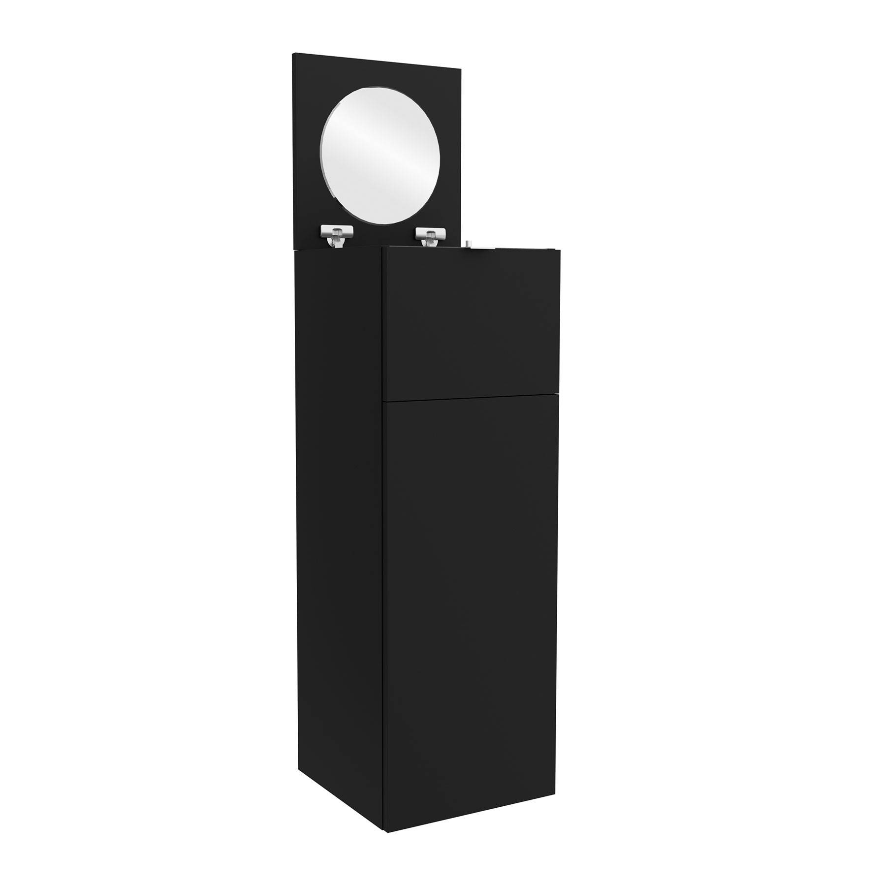 Schwarzer freistehender Schrank mit offenem Oberteil, der einen runden Spiegel freigibt.
