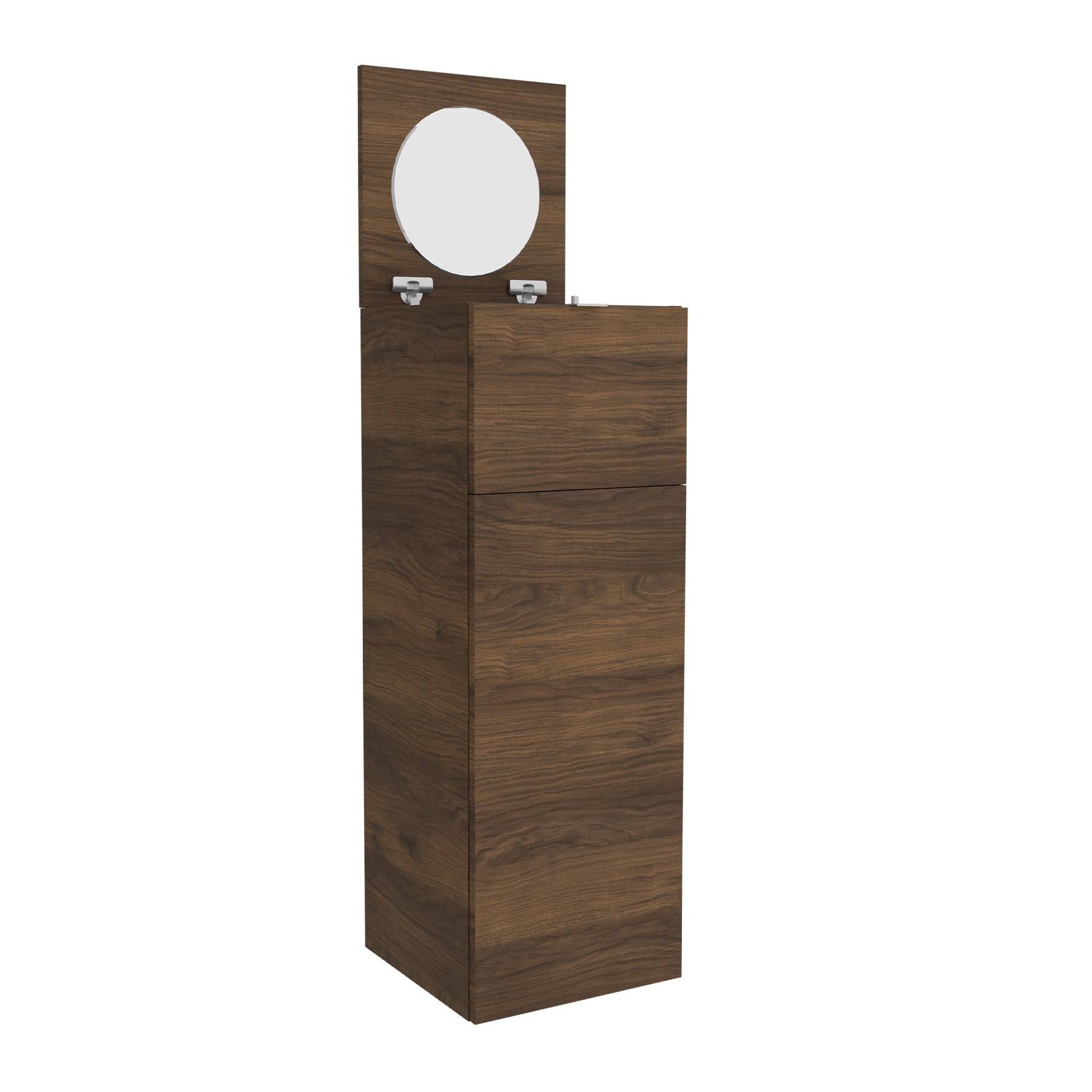 Hoher Holzschrank mit einer hochklappbaren Deckplatte, die einen runden Spiegel offenbart. Ideal für kompakte Aufbewahrung und Körperpflege.
