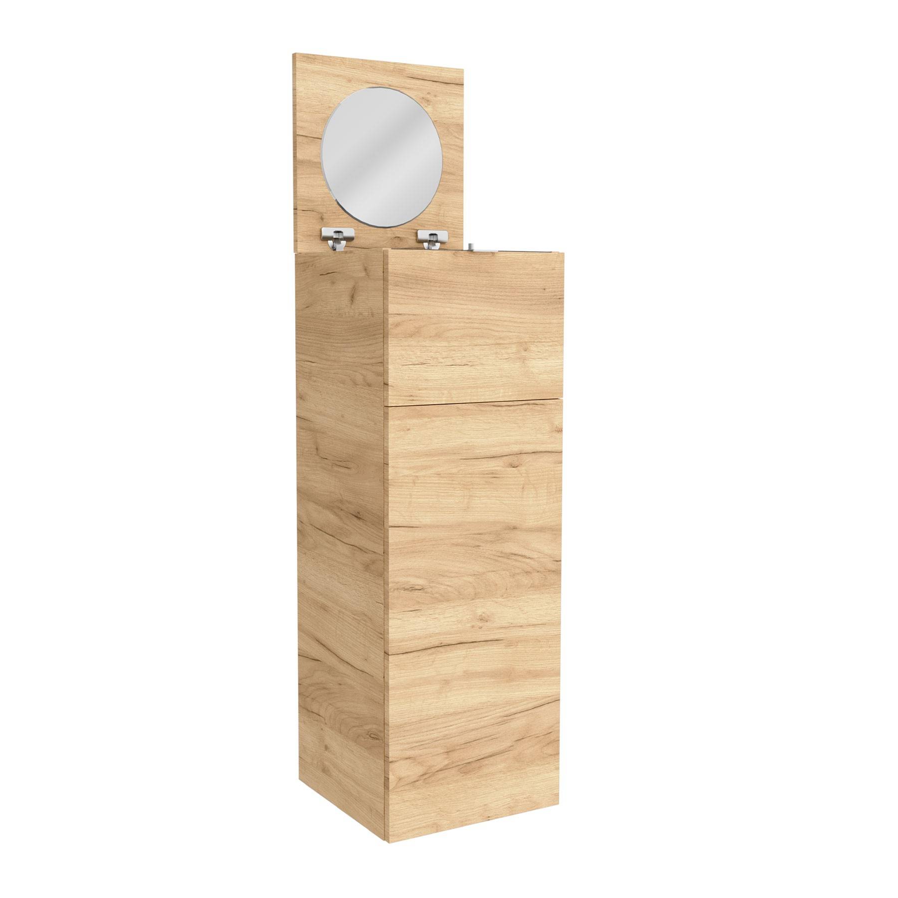 Ein hoher, hölzerner Schrank mit einem Deckel, der sich anheben lässt und einen runden Spiegel sowie einen kleinen Stauraum offenbart.
